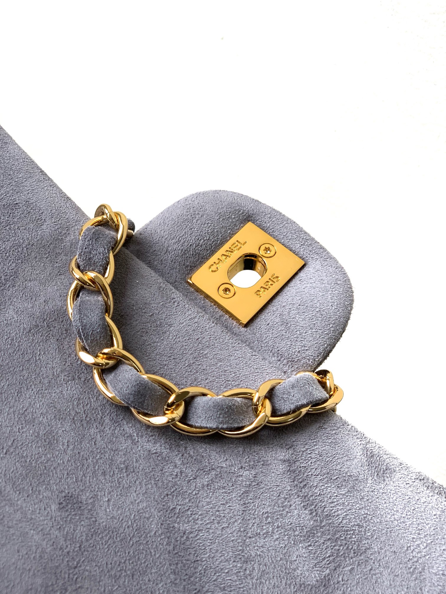 CHANEL Suede Chain Shoulder Bag – Smoky Gray
