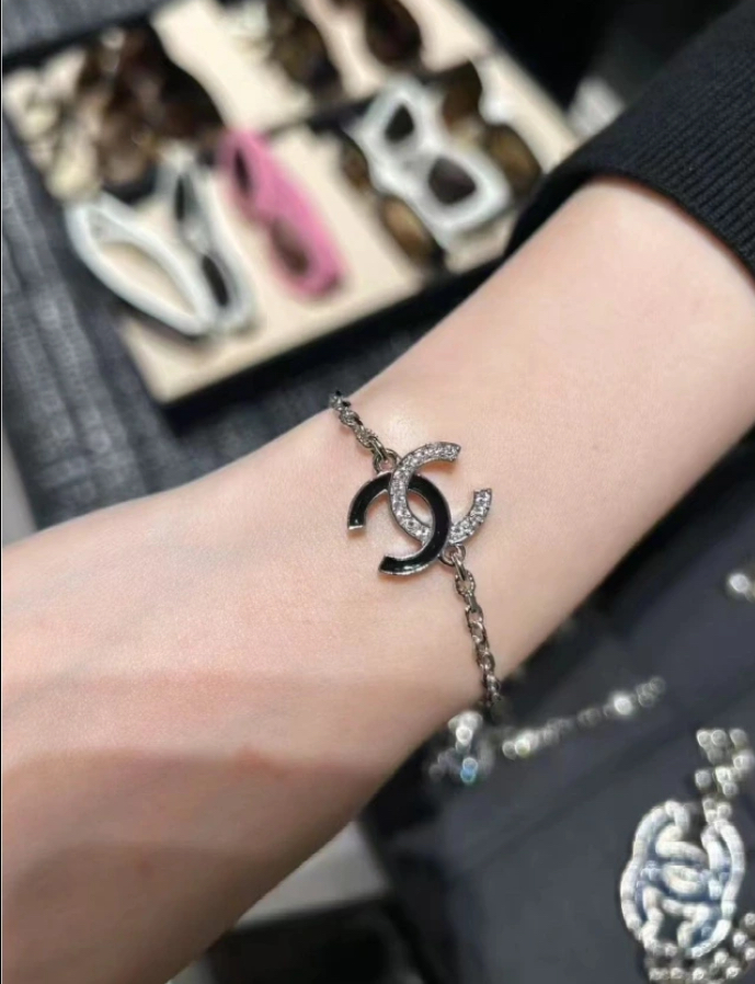 Chanel Black Enamel & Rhinestone Double C Bracelet