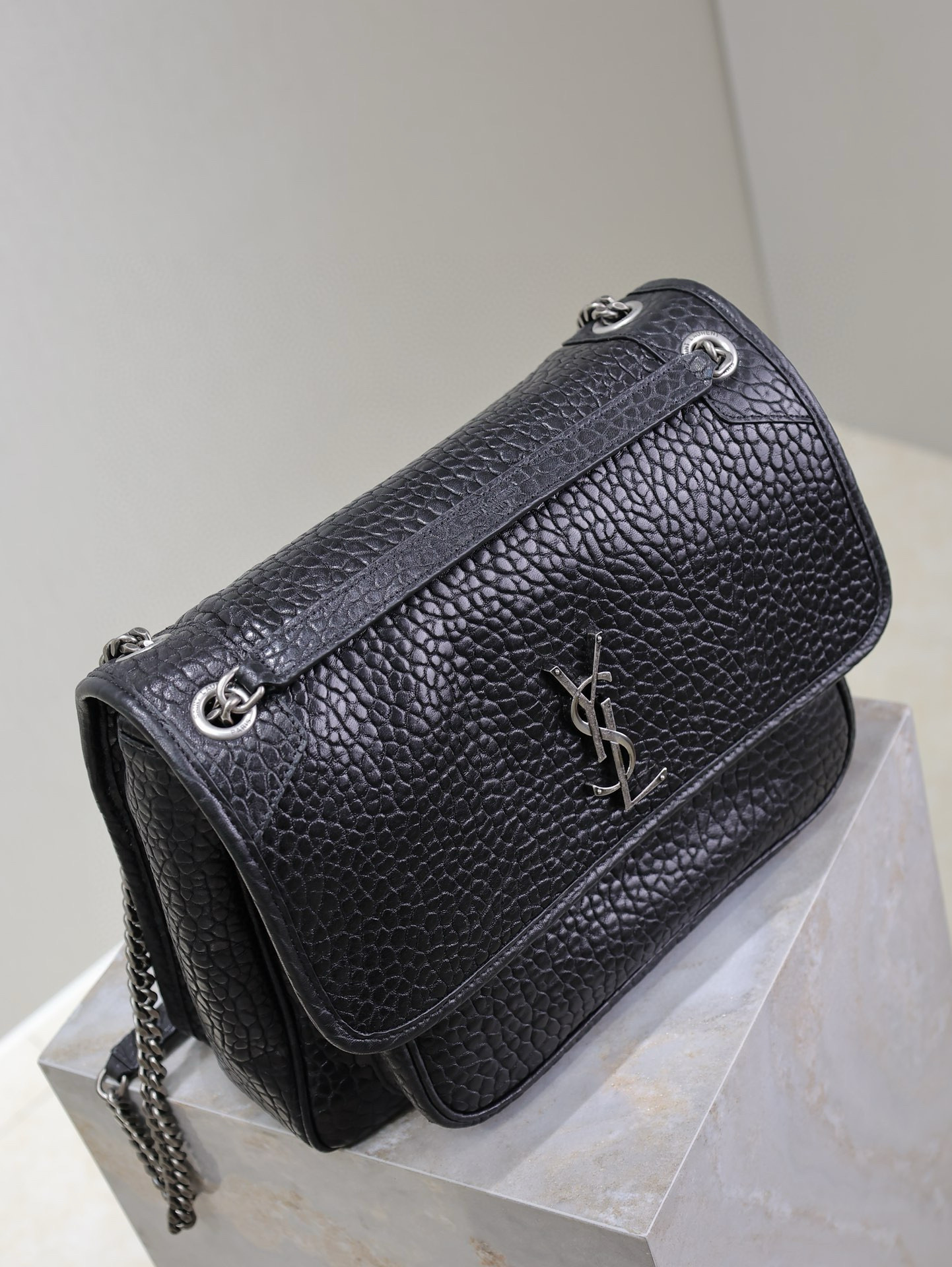 Saint Laurent Large Black Elephant-Grain Niki Bag