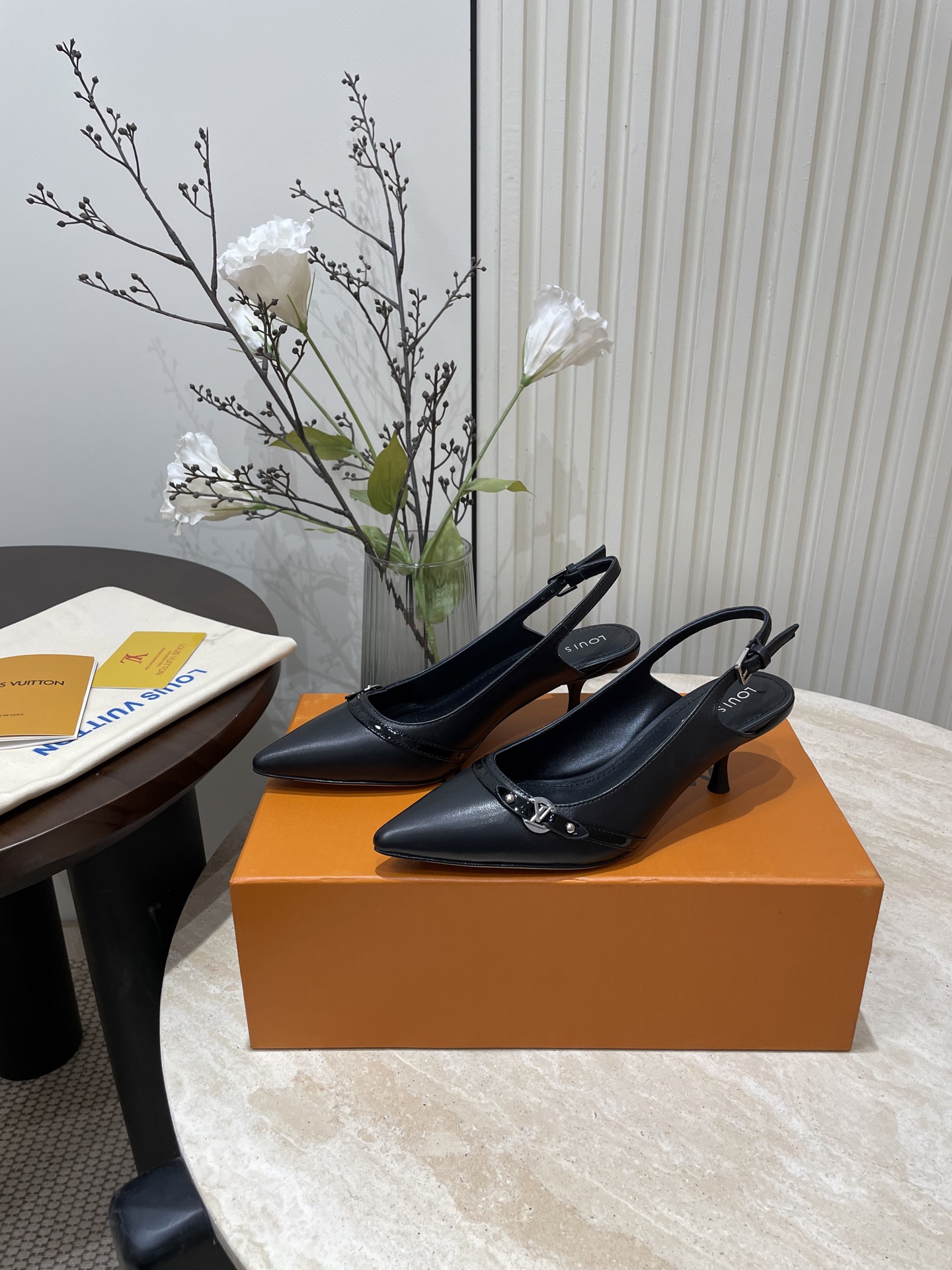 L V Pointed-Toe Slingback Heeled Sandals