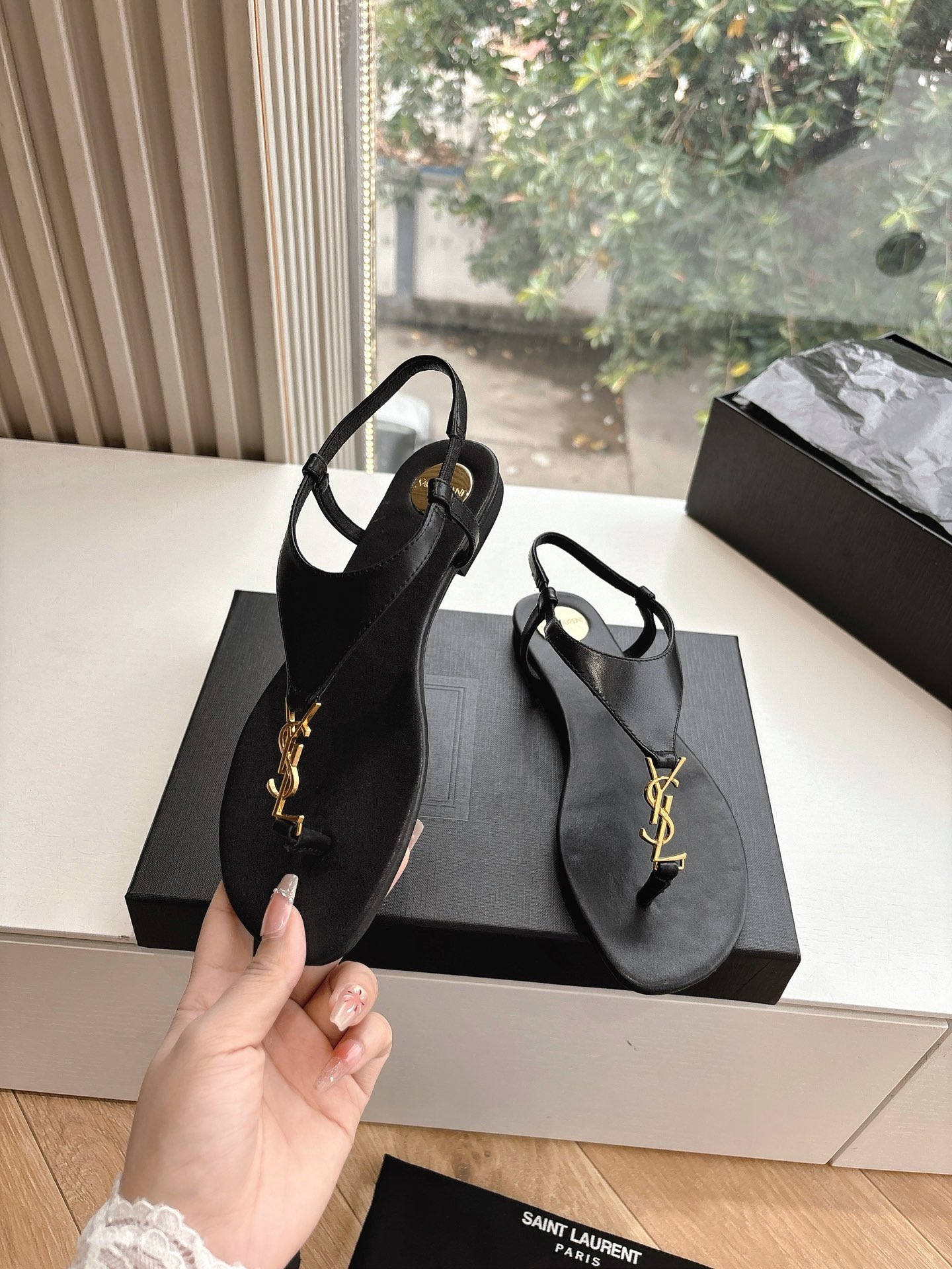 SAINT LAURENT Crystal Chain Peep-Toe Sandals