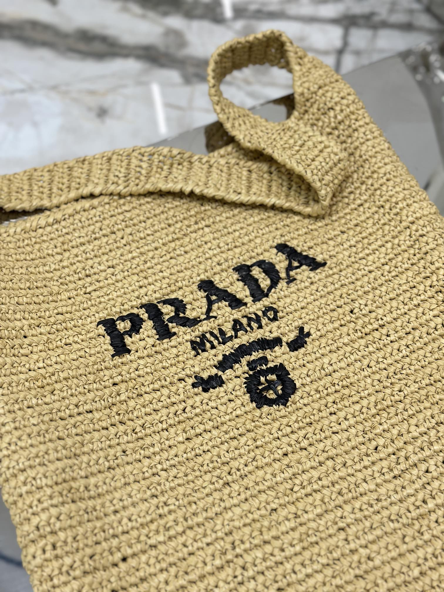 Prada Raffia Leather-Trimmed Tote