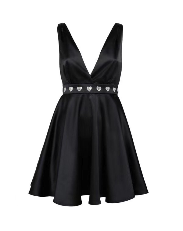 Chiara Ferragni-Inspired V-Neck Rhinestone Black Dress