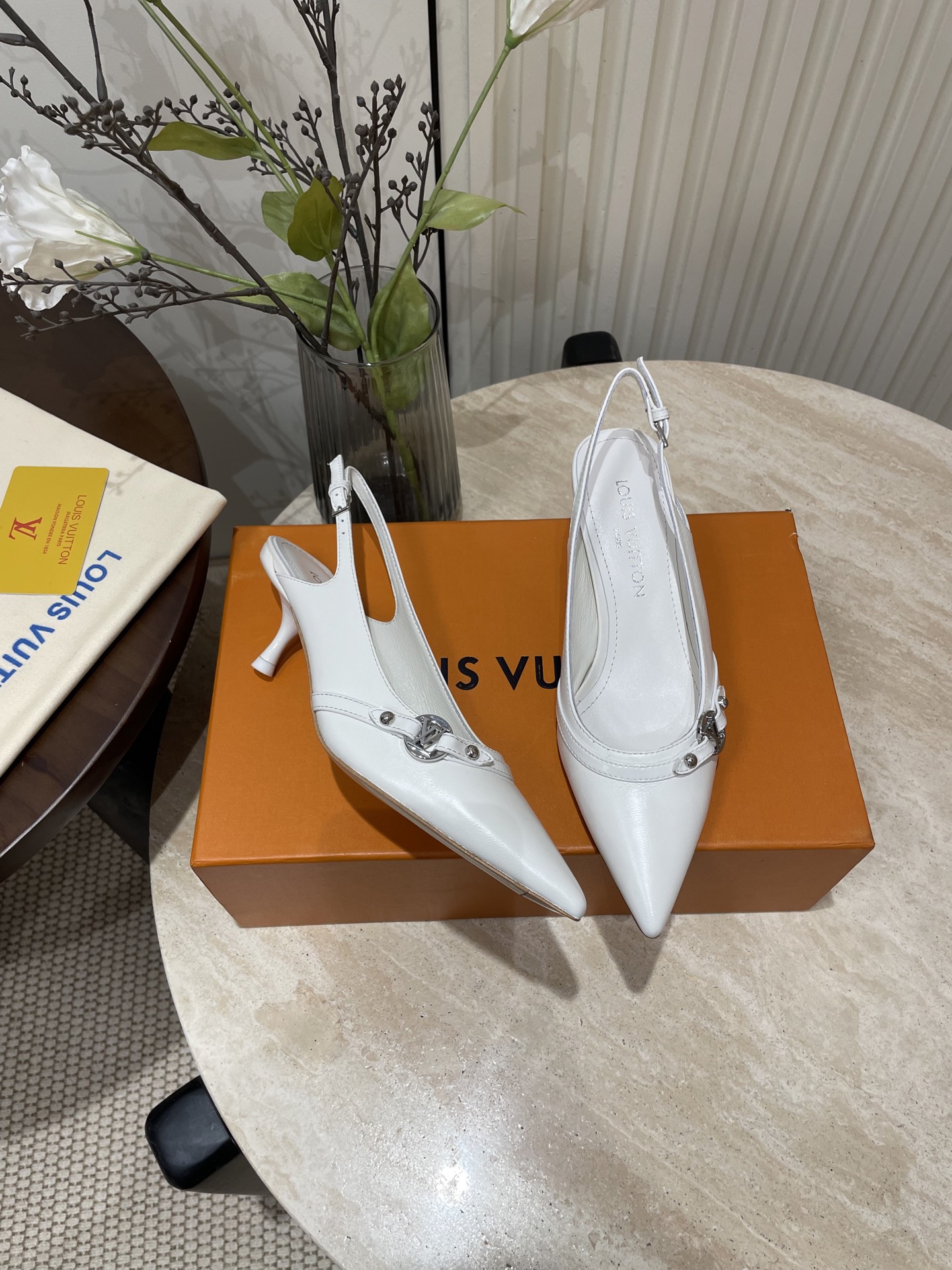 L V Pointed-Toe Slingback Heeled Sandals