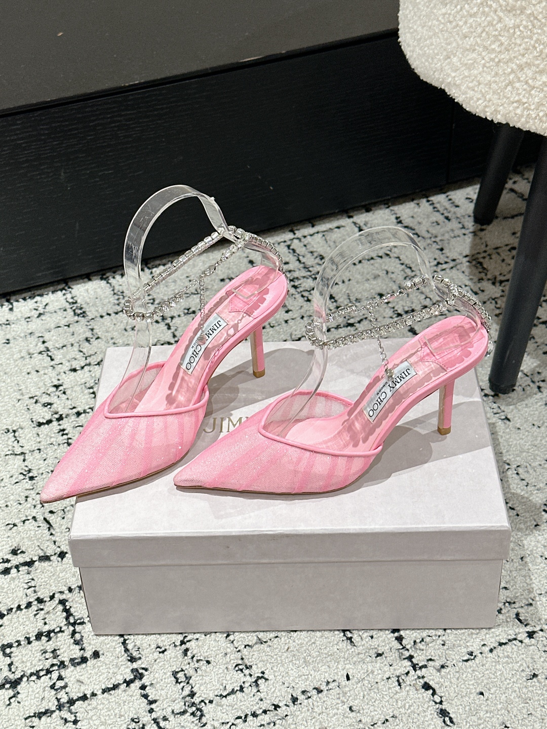 Jimmy Choo Premium Crystal Chain Lace Mesh Pumps