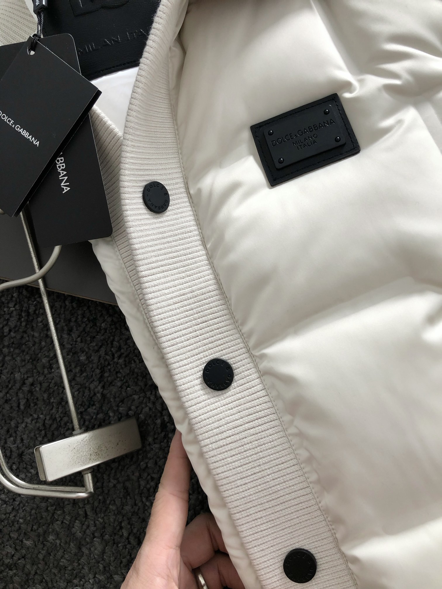 D&GPlaid button leather design fleece down jacket