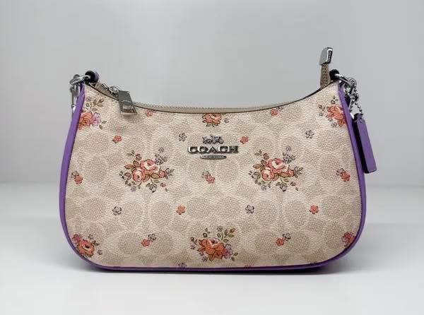 Coach Signature Canvas with Floral Print and Purple Trim