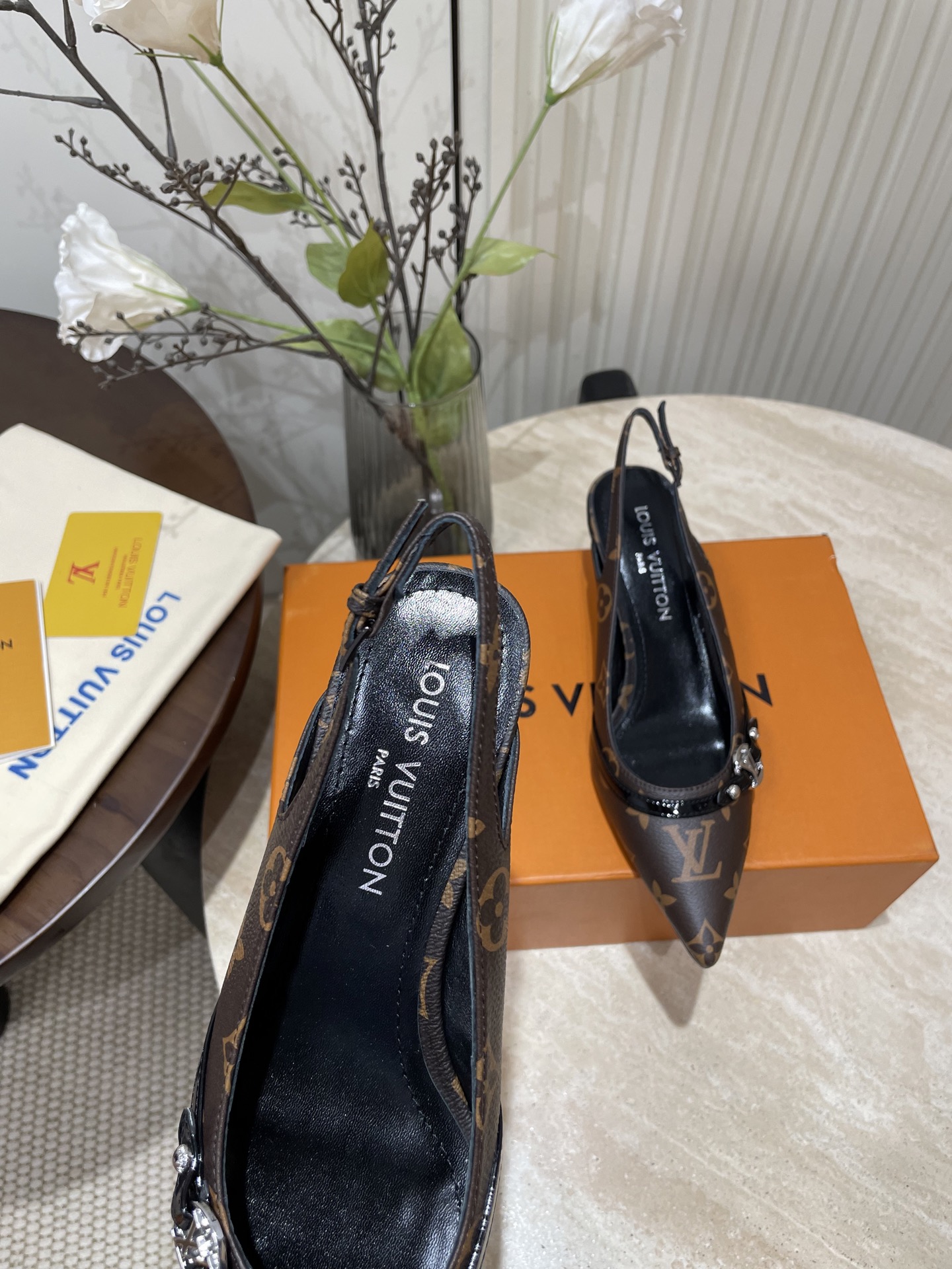 L V Pointed-Toe Slingback Heeled Sandals