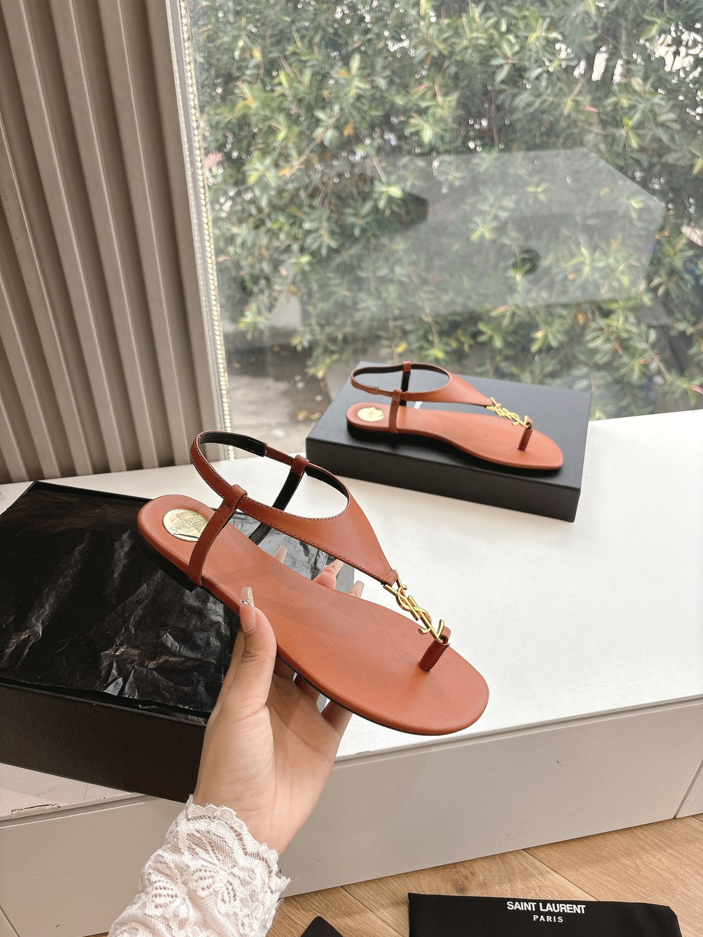 SAINT LAURENT Crystal Chain Peep-Toe Sandals