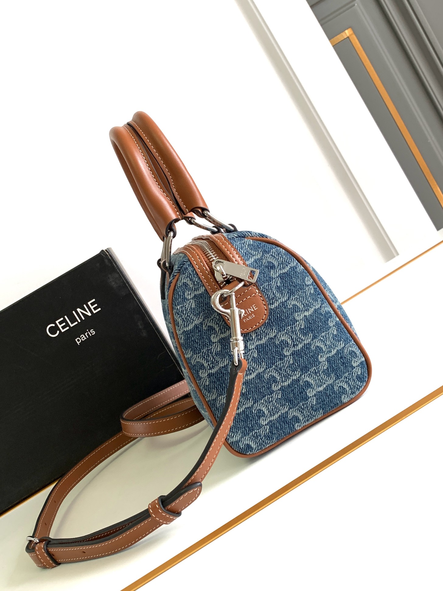 CELINE-CUIR TRIOMPHE Denim & Calfskin Boston Bag