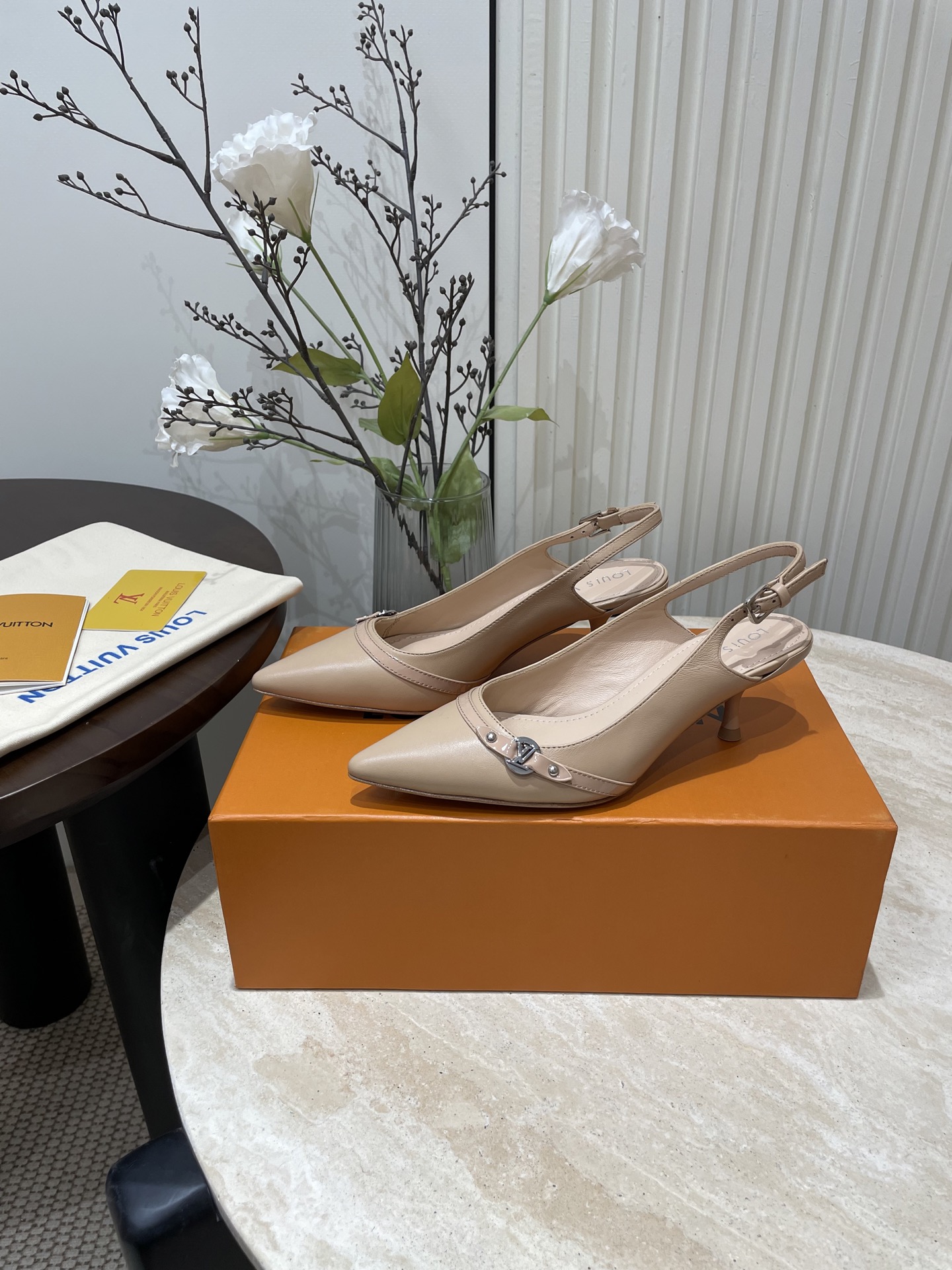 L V Pointed-Toe Slingback Heeled Sandals