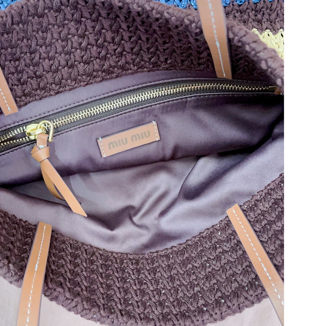 MiuMiu-Raffia-effect woven tote bag -Cocoa Brown