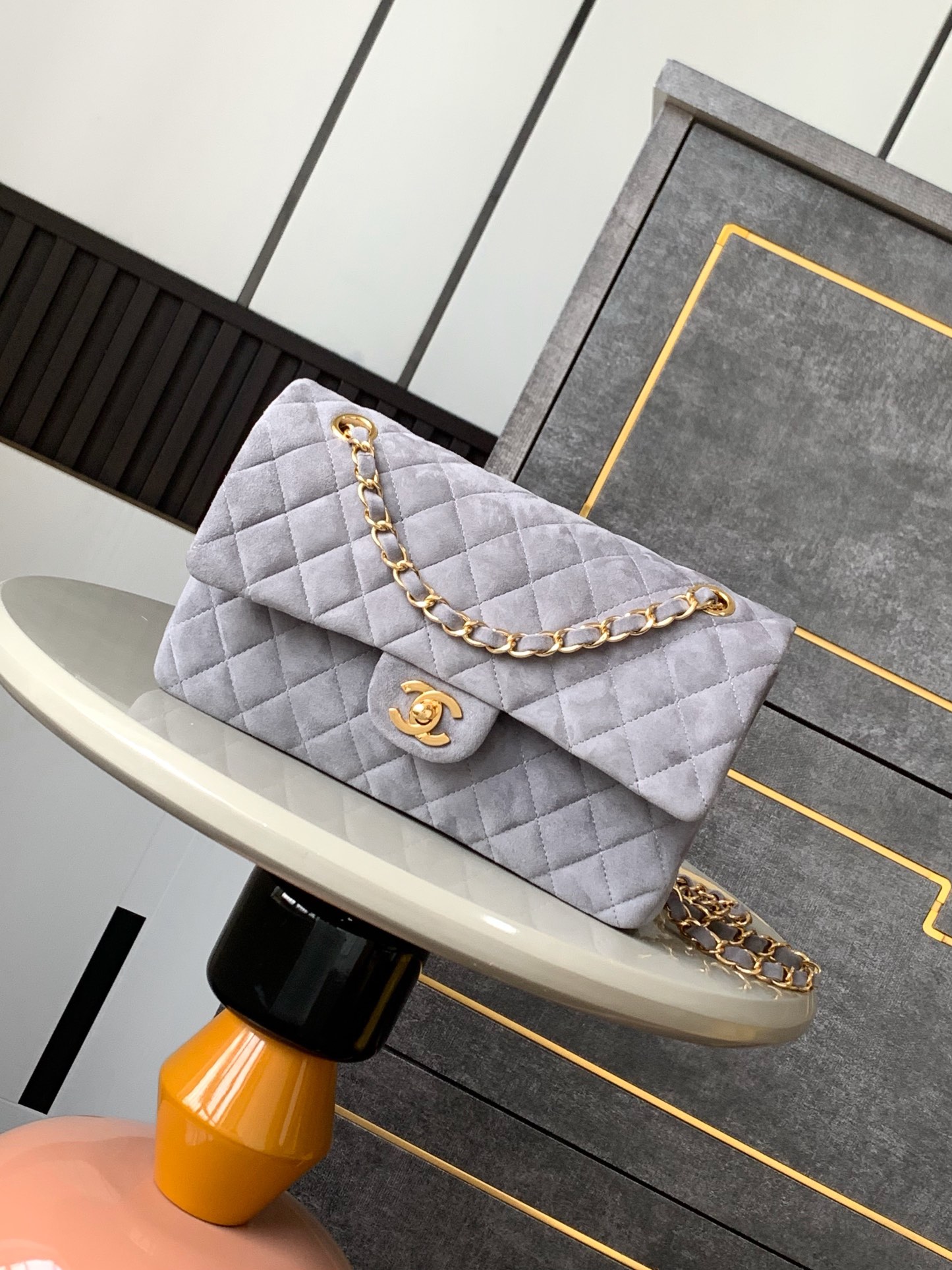 CHANEL Suede Chain Shoulder Bag – Smoky Gray