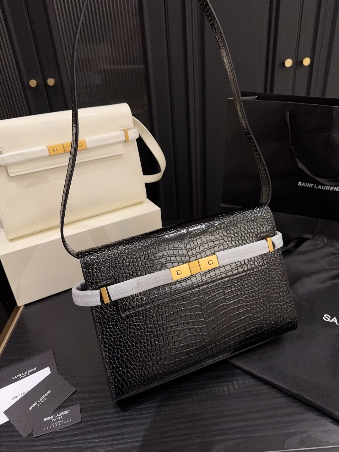 YSL Saint Laurent Manhattan Crocodile-Embossed Baguette Bag