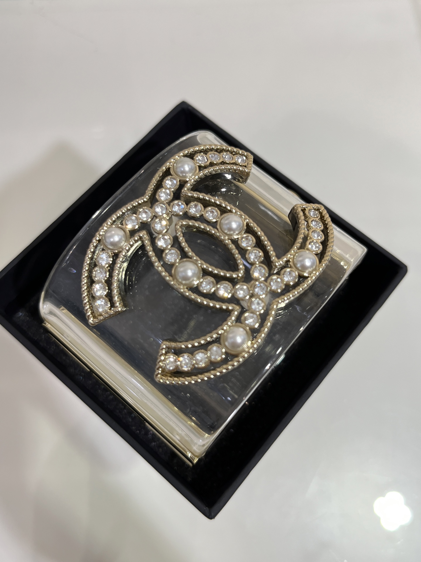 Chanel Pearl & Rhinestone Double C Transparent Resin Cuff Bracelet