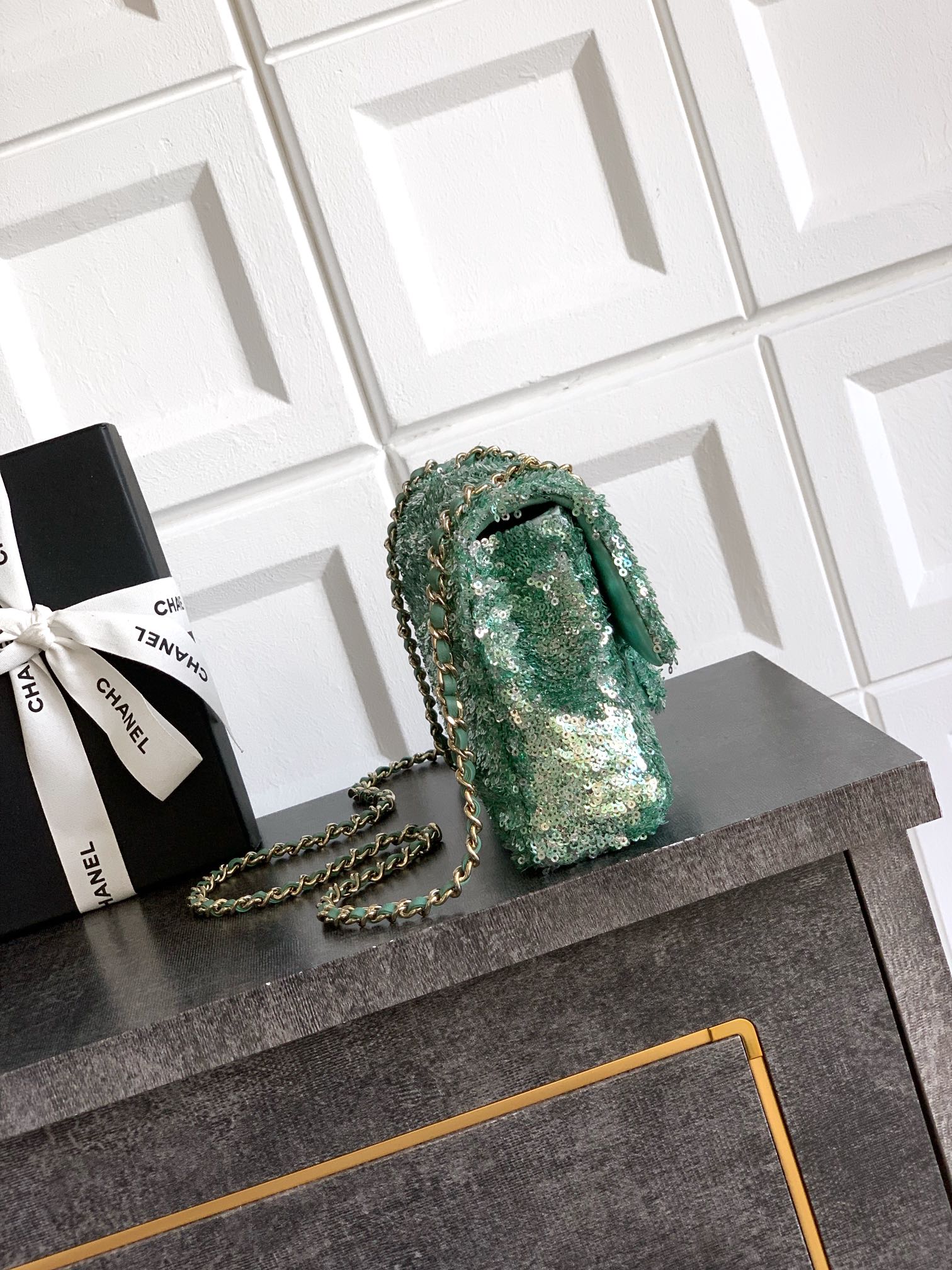 Chanel Chanel Green Sequins and Satin Mini Square Classic Flap Bag