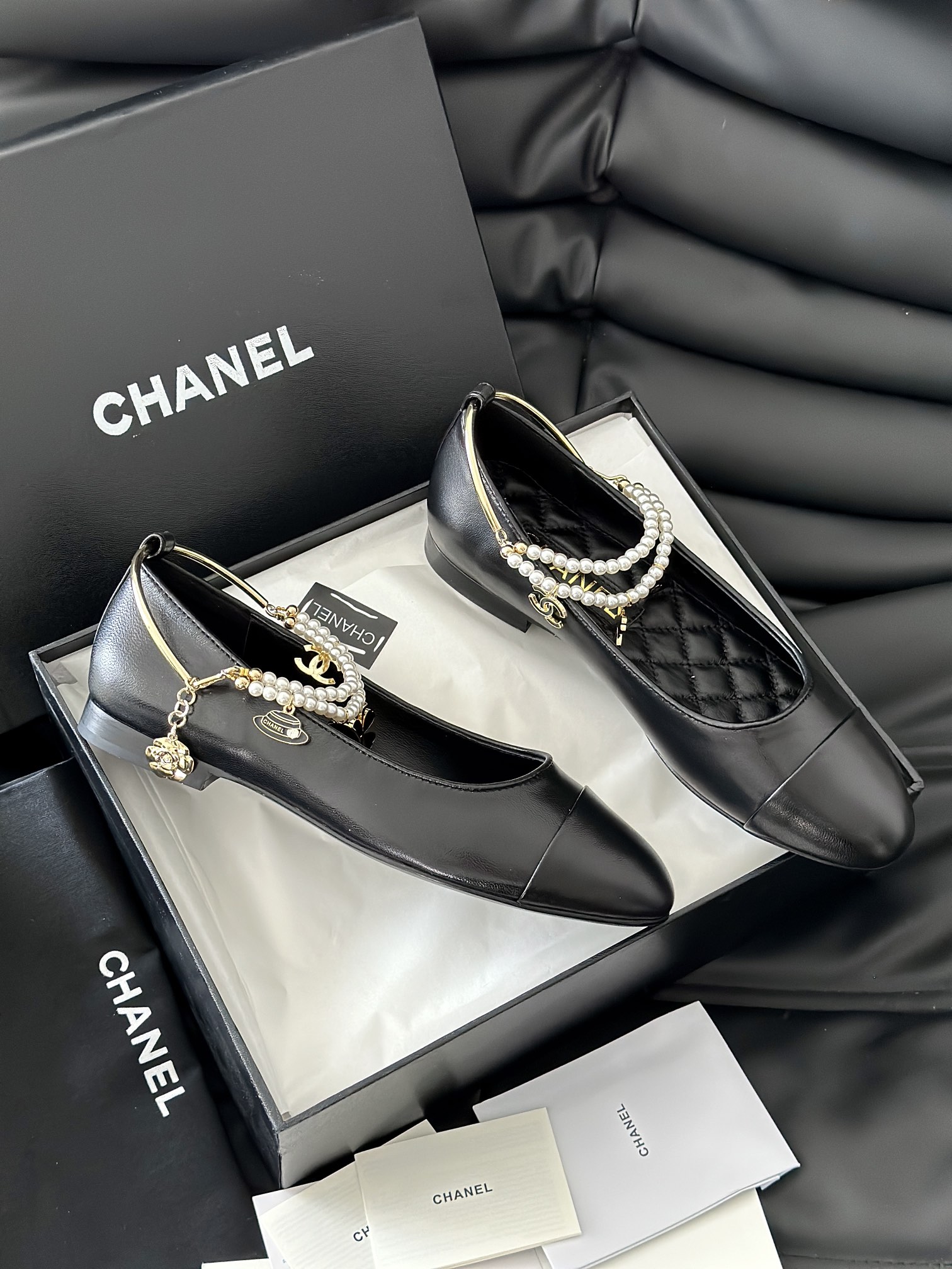 Chanel Leather Flat Black 'Pearl Embellished'