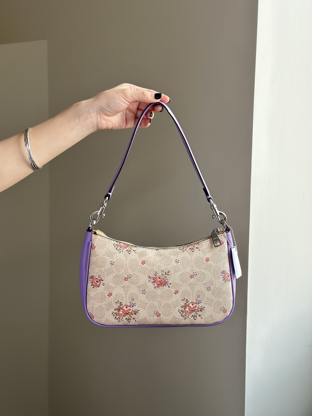 Coach Signature Canvas with Floral Print and Purple Trim