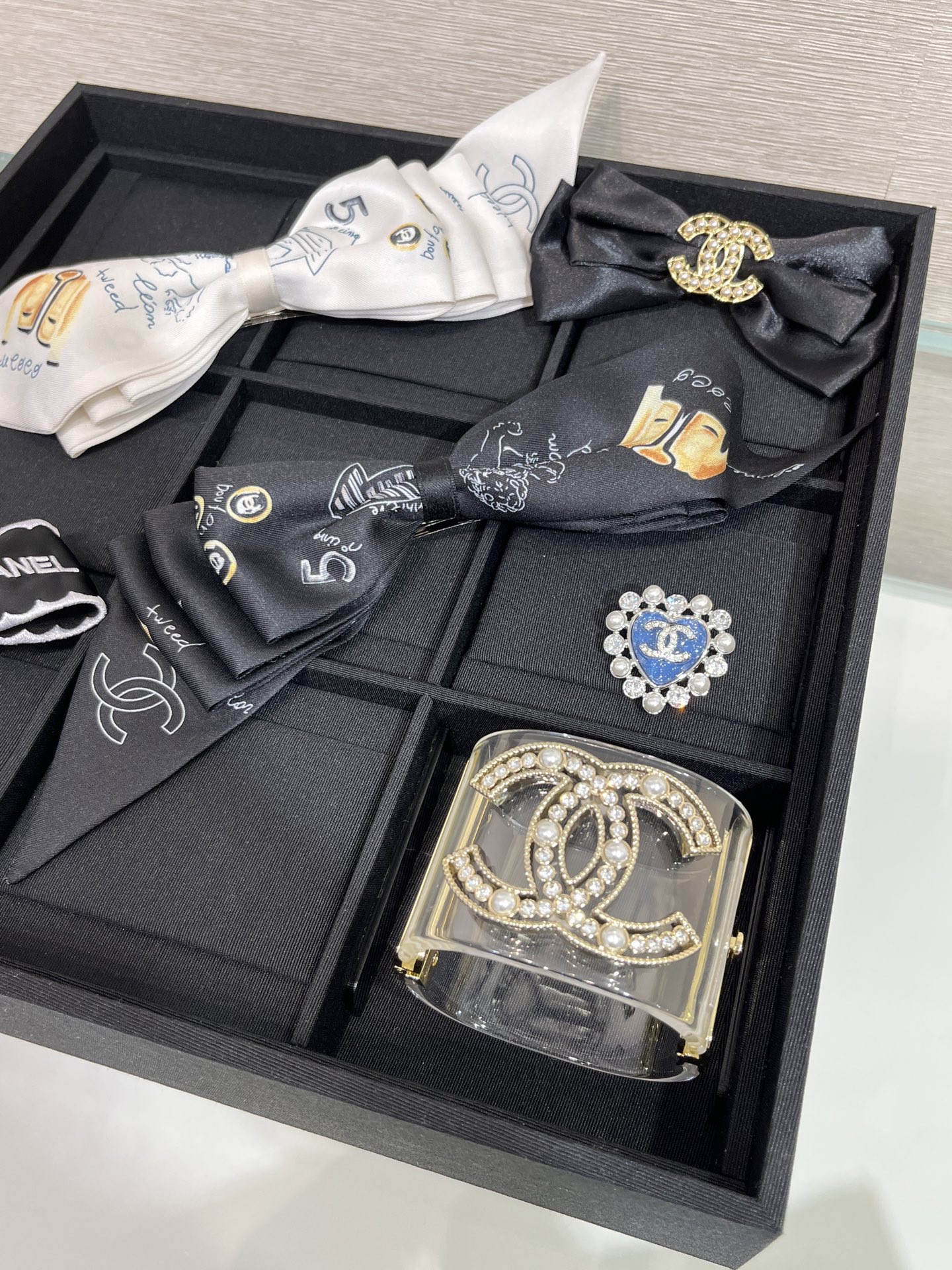 Chanel Pearl & Rhinestone Double C Transparent Resin Cuff Bracelet