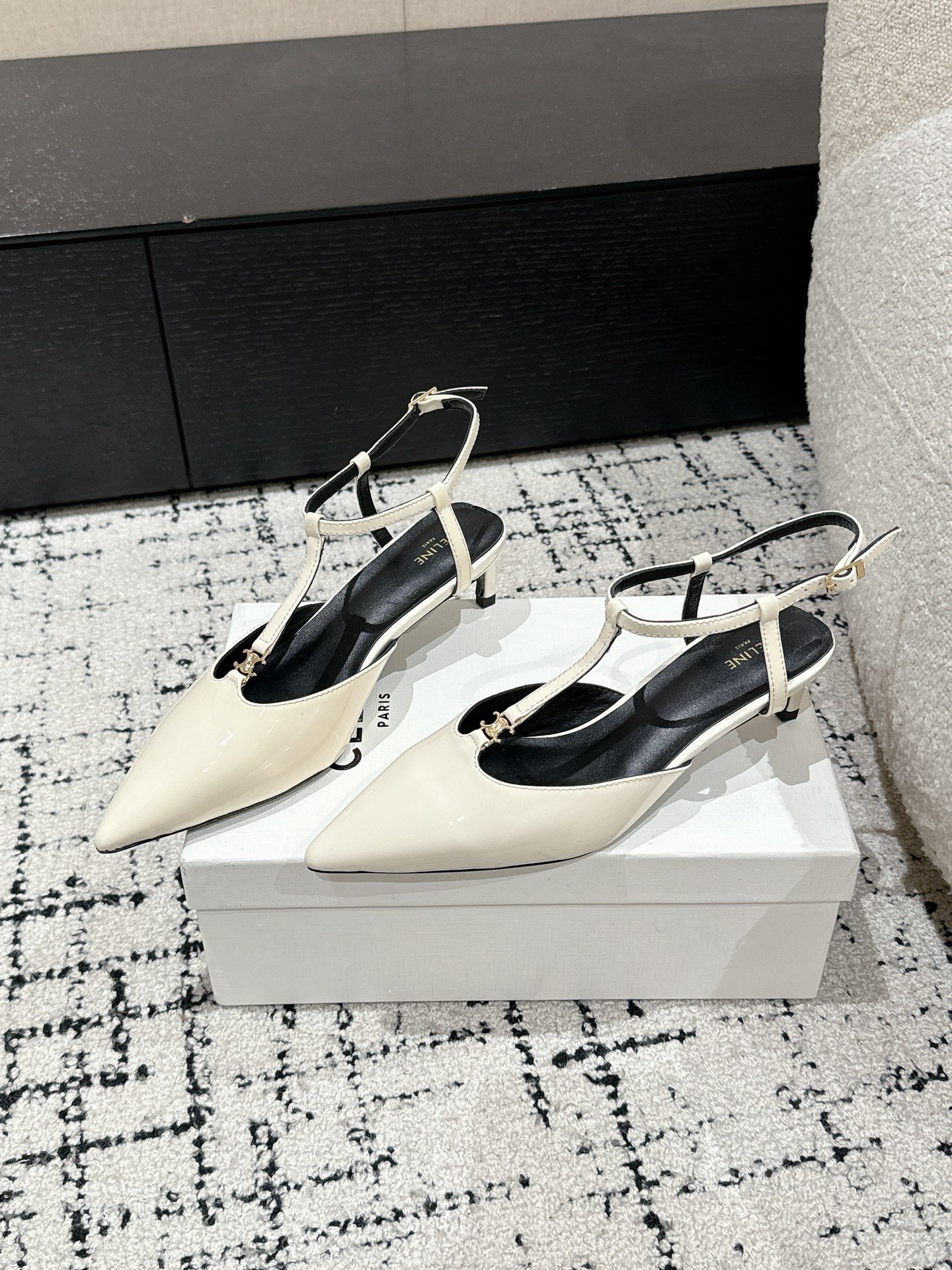 Celine Triomphe Pointed-Toe Kitten Heel Sandals