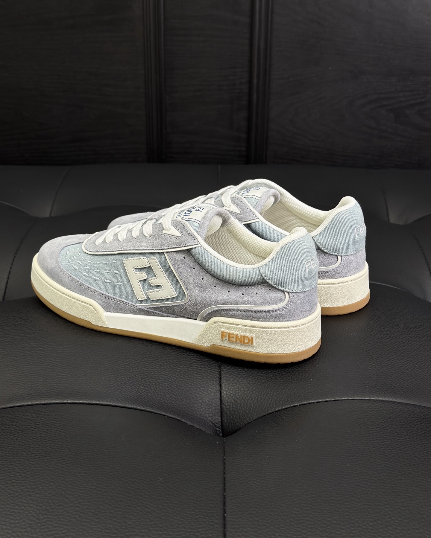 Fendi Match Light blue denim fabric and suede low tops