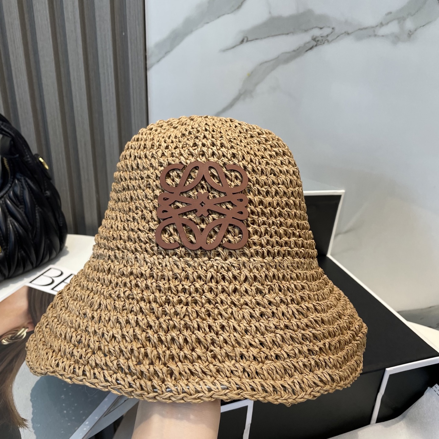 Loewe Crochet Raffia Hat in Tan