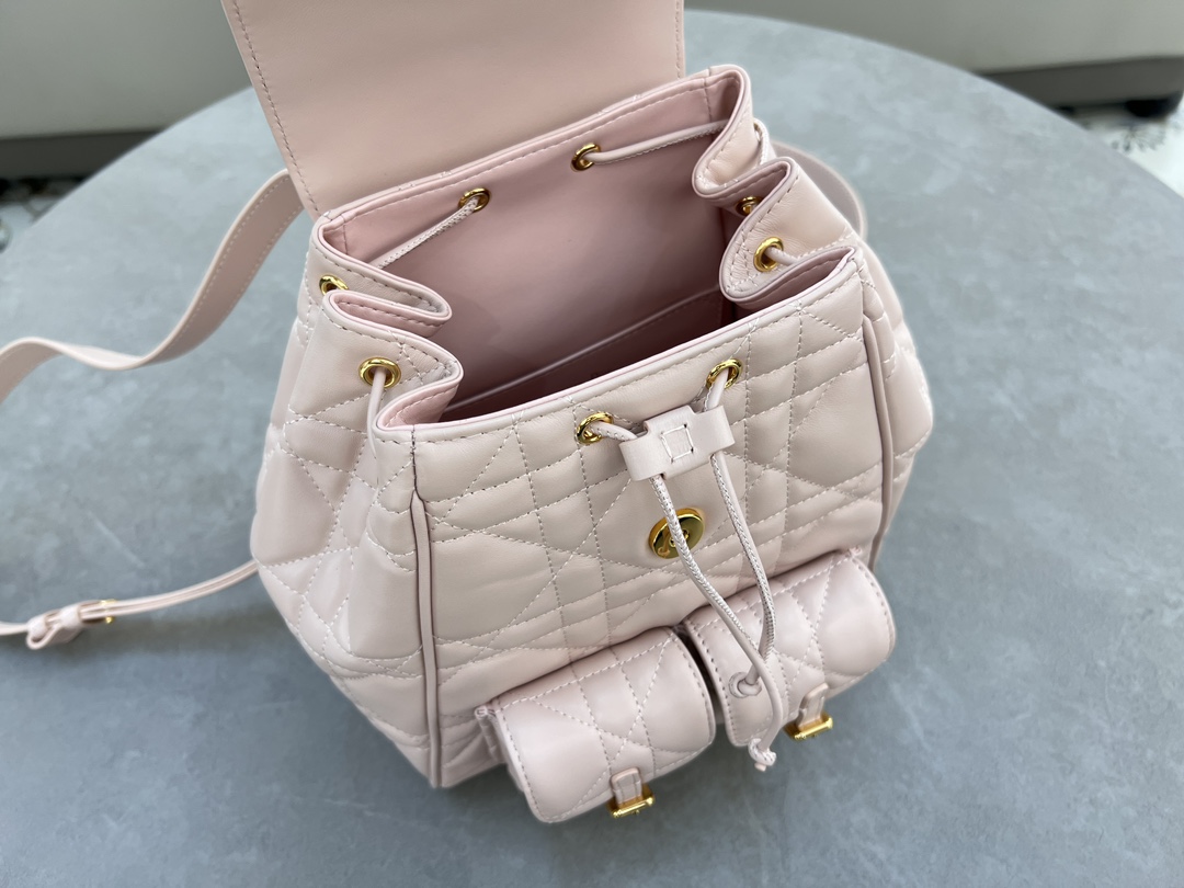 Medium Dior Caro backpack pink sheep leather oversized rattan plaid