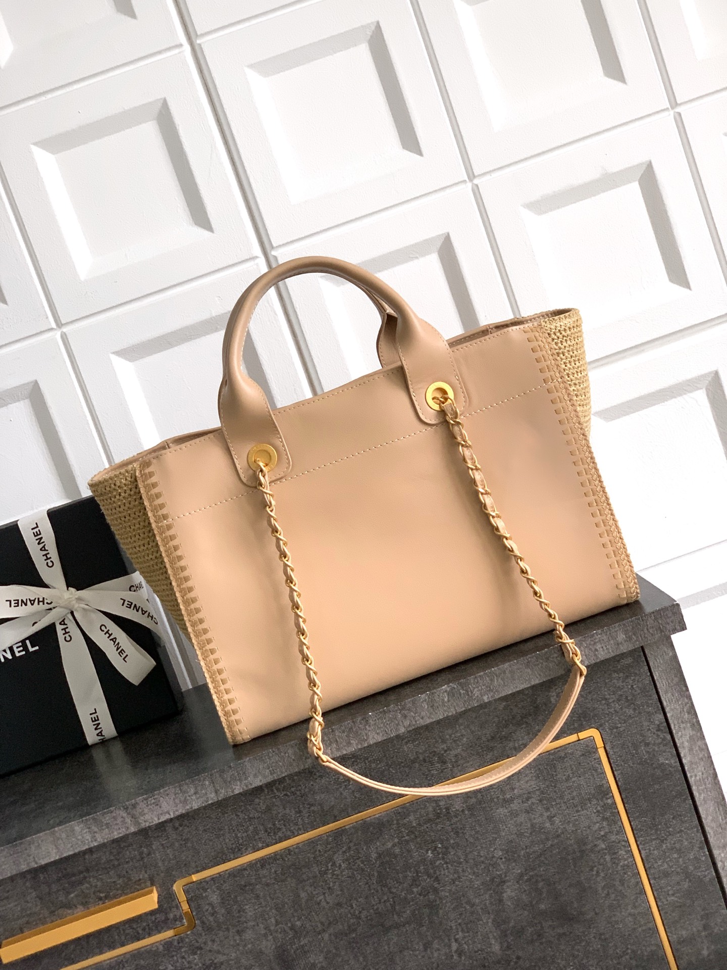 Chanel Calfskin Knit Medium Deauville Tote Beige