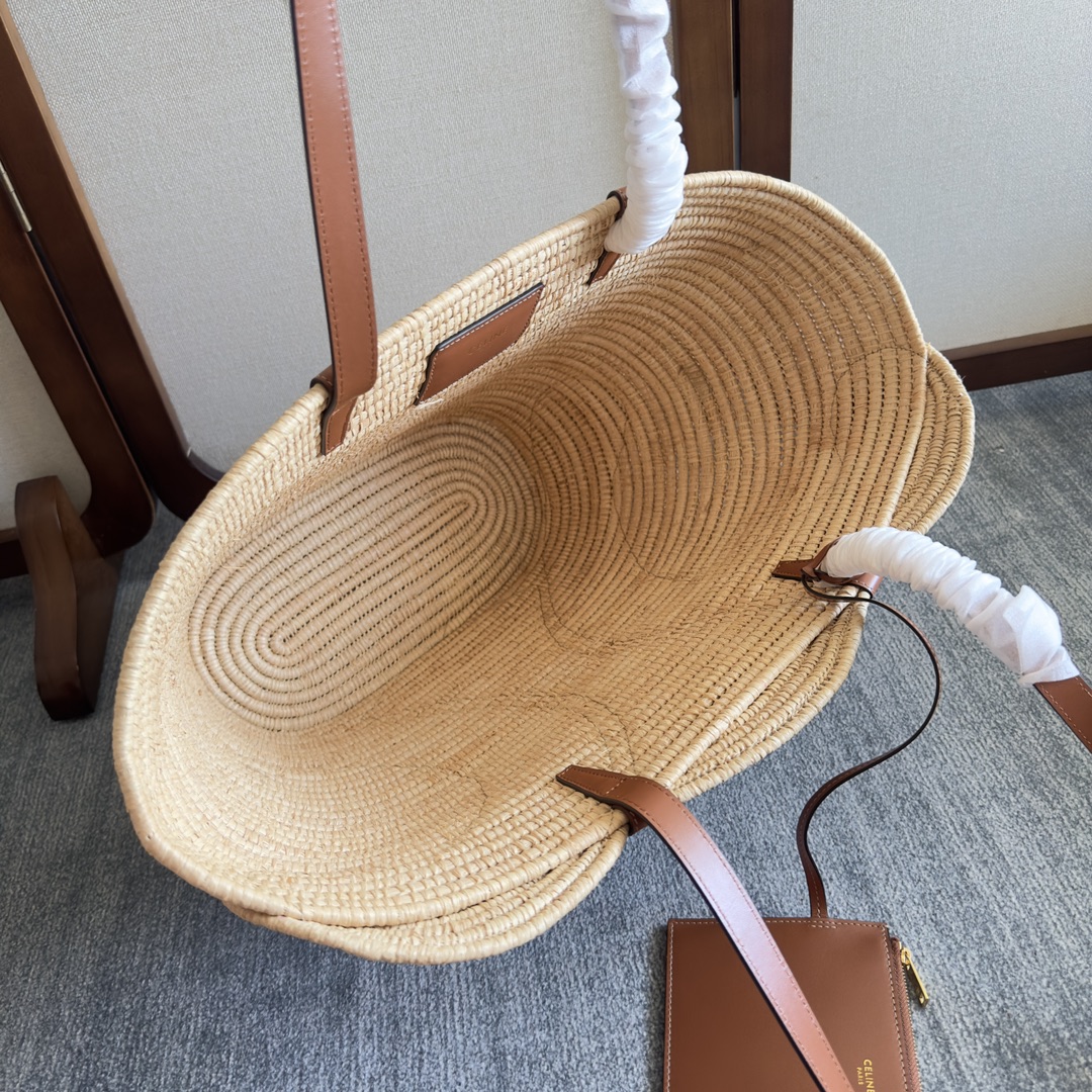 CELINE Natural Plant Materials and Leather Medium Woven TRIOMPHE Basket Bag
