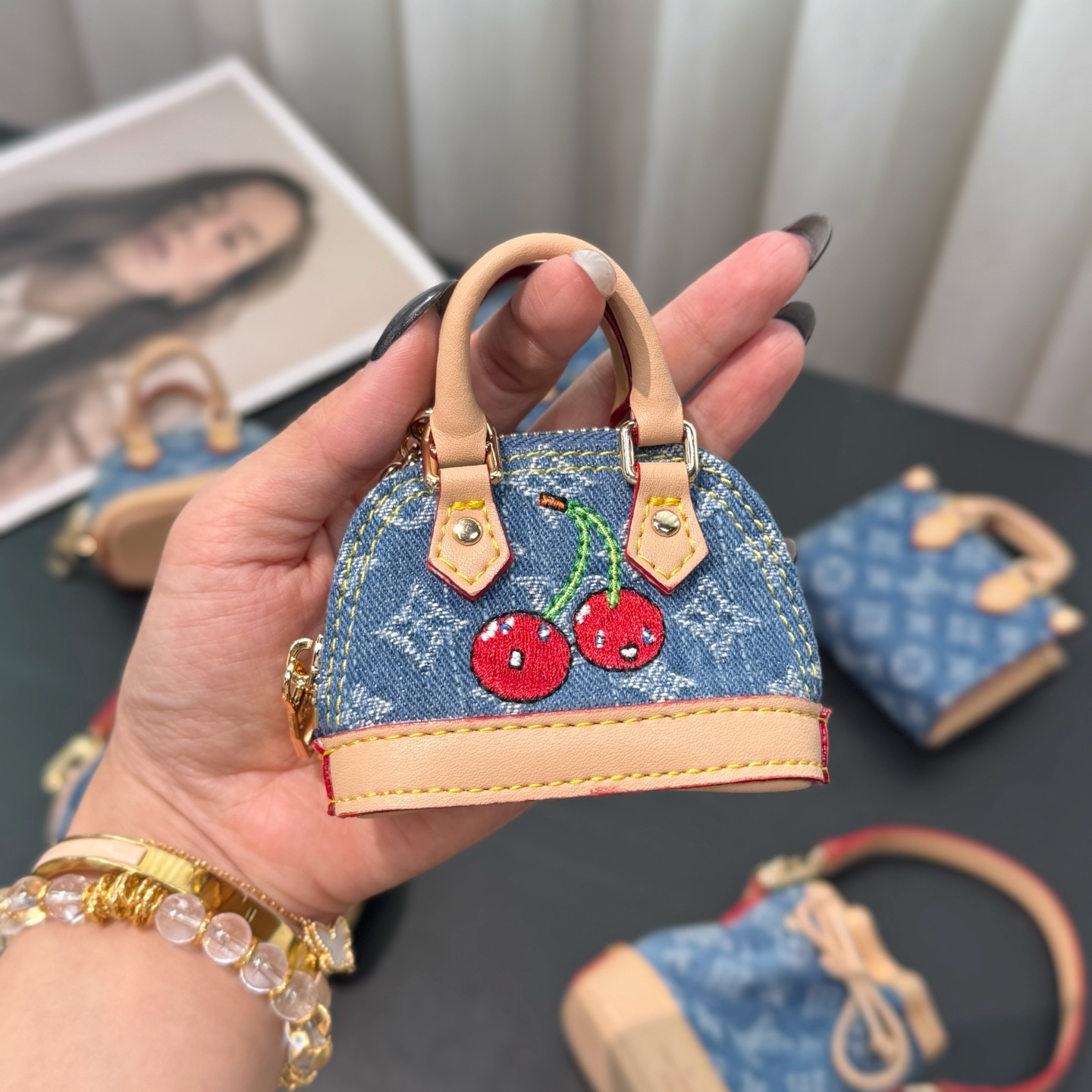 M02535 LV x TM Micro Denim Cerise Bag Charm
