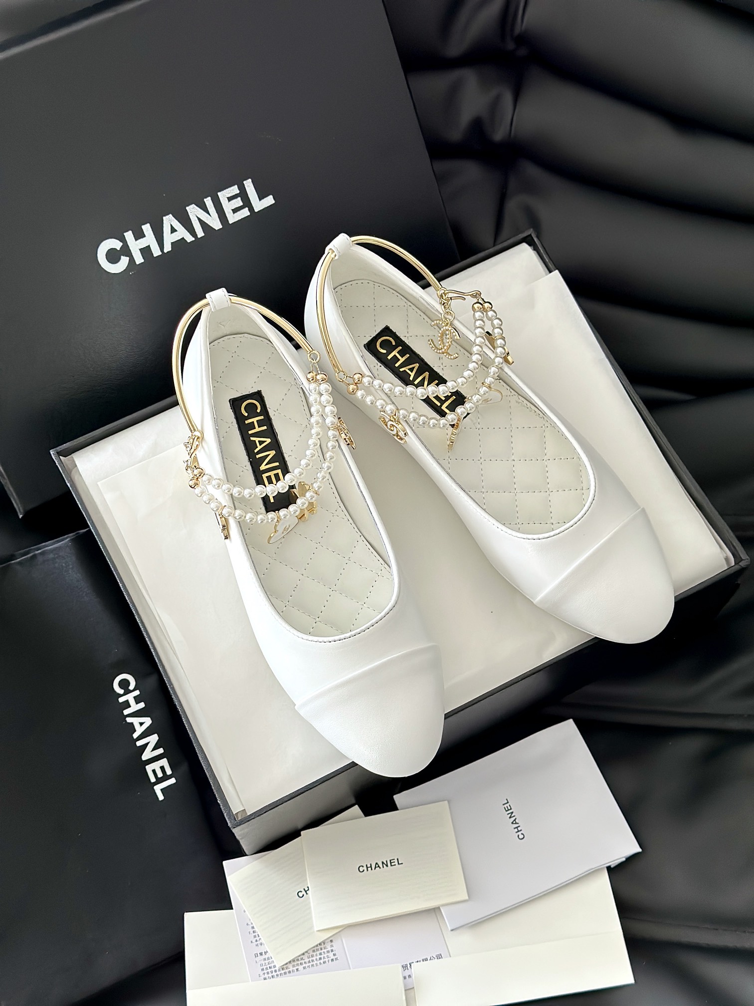 Chanel Leather Flat Black 'Pearl Embellished'