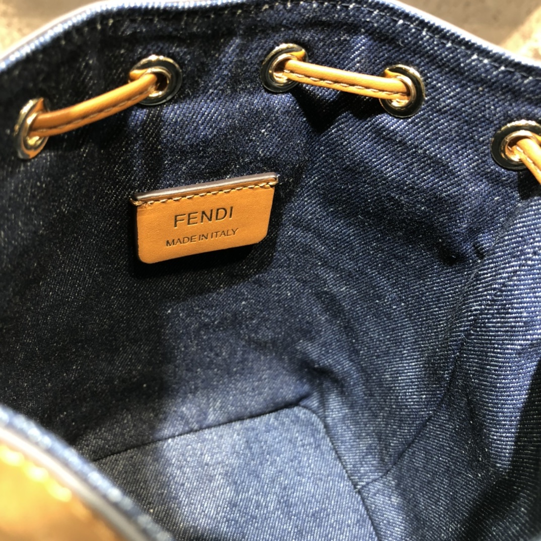 FENDI-Blue Denim FF Logo Embroidered Bucket Bag