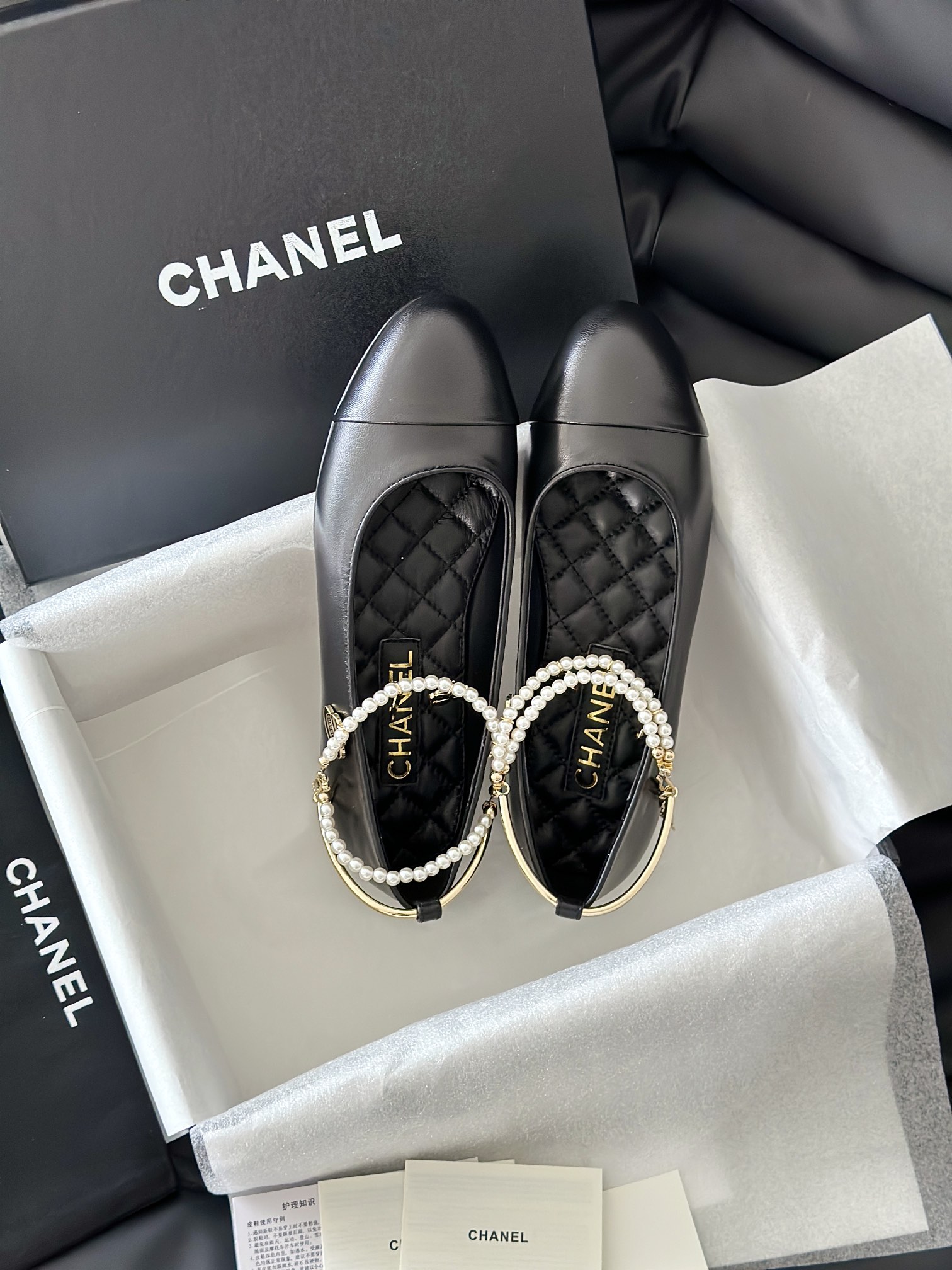 Chanel Leather Flat Black 'Pearl Embellished'