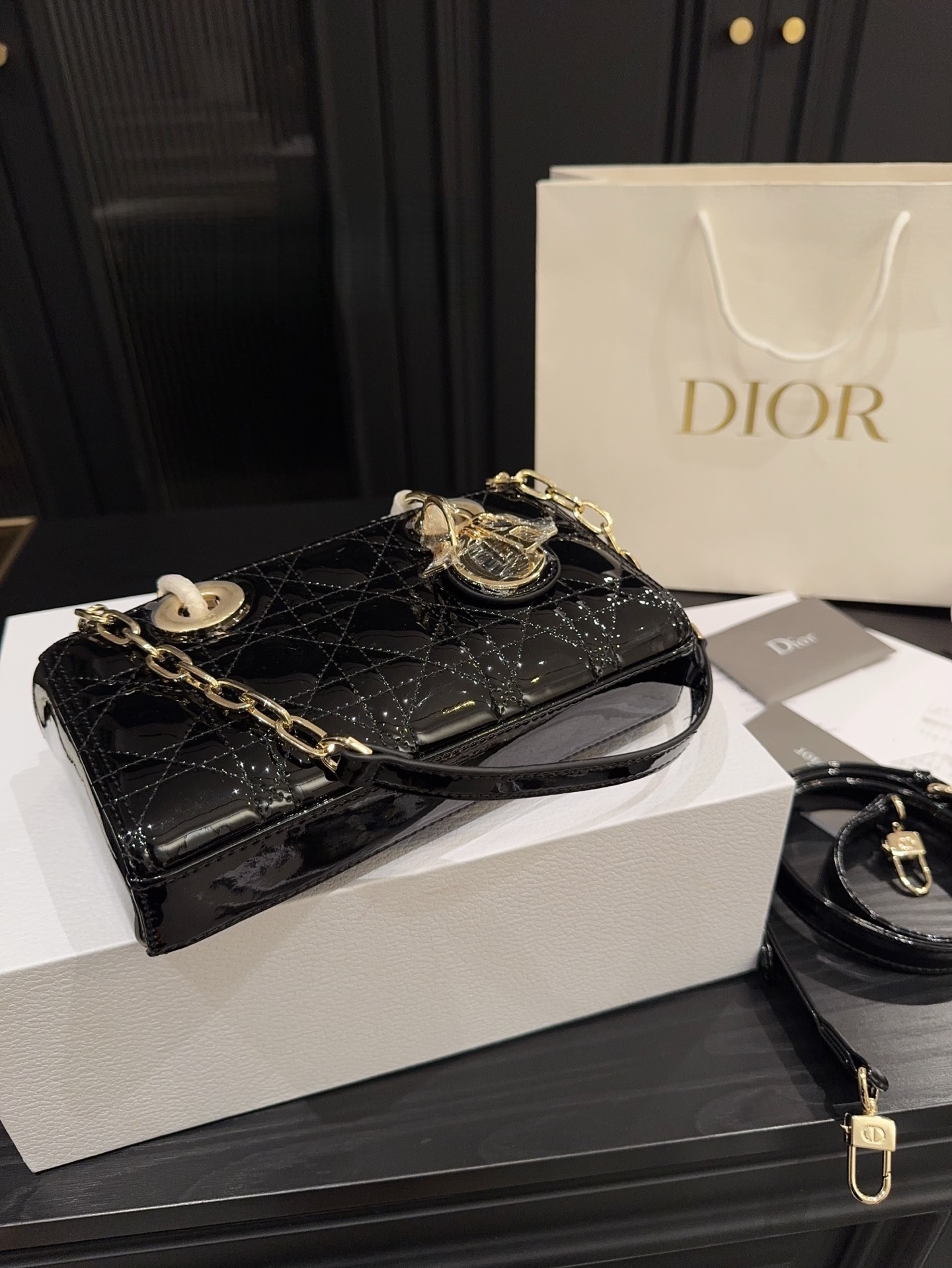 Lady D-Joy Micro Bag Black Patent Cannage Calfskin