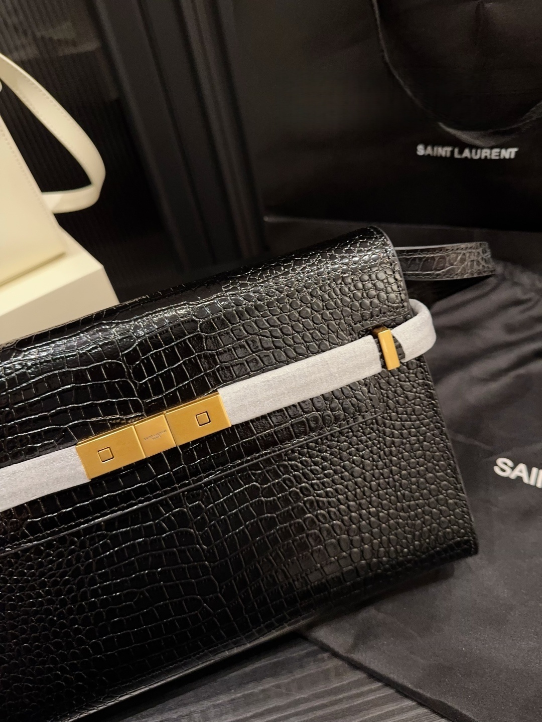 YSL Saint Laurent Manhattan Crocodile-Embossed Baguette Bag