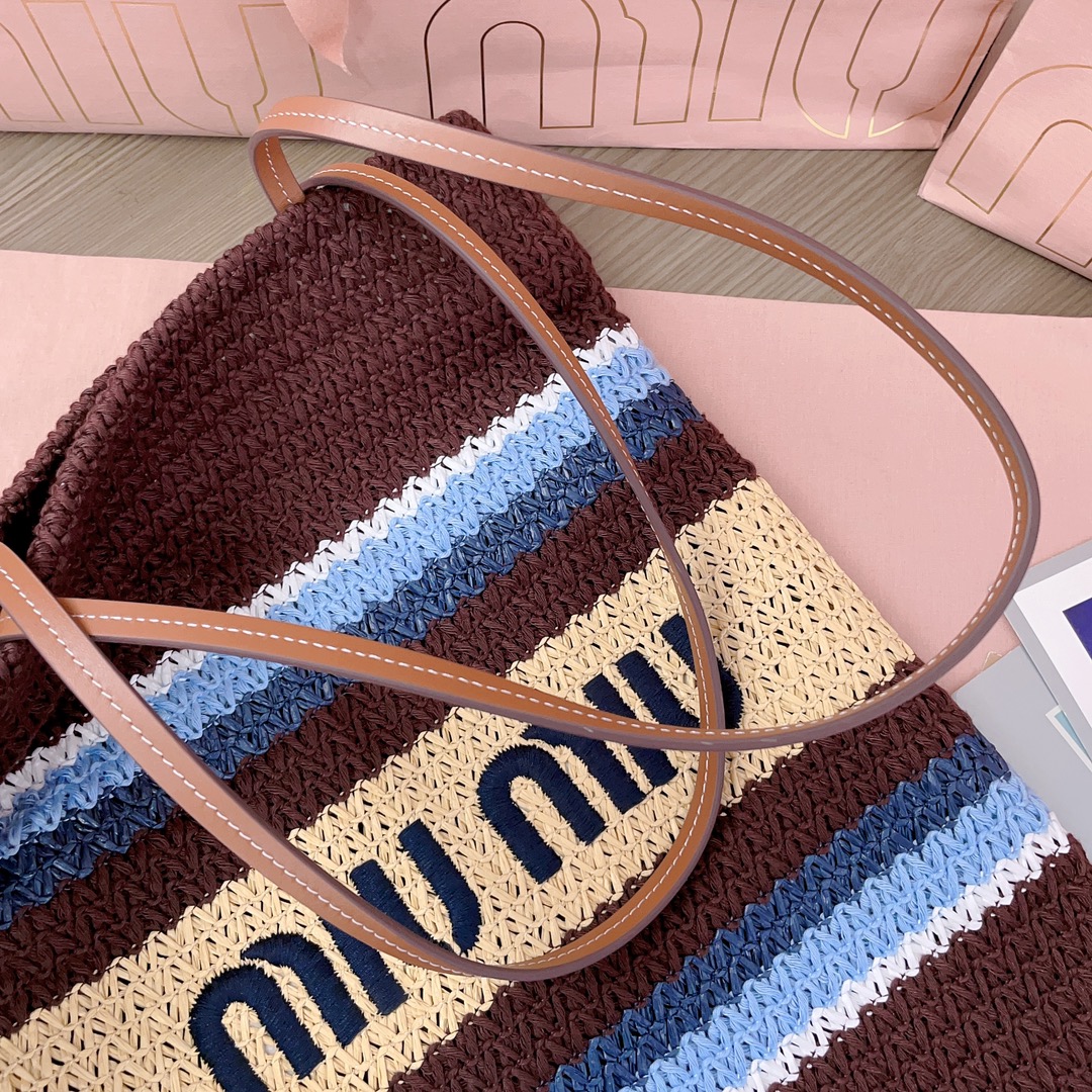 MiuMiu-Raffia-effect woven tote bag -Cocoa Brown