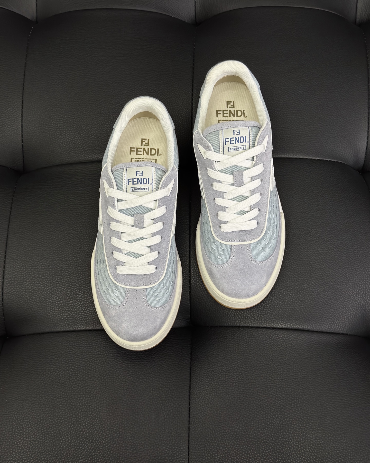 Fendi Match Light blue denim fabric and suede low tops