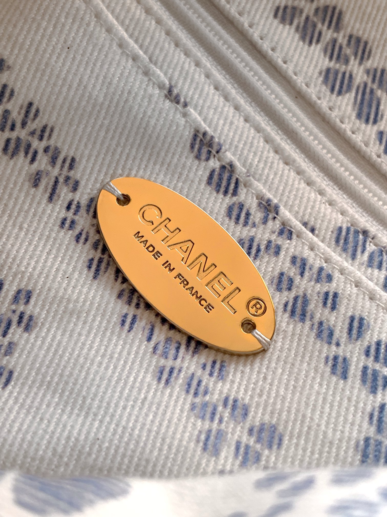 Chanel Flap Bag Printed Denim & Gold-Tone Metal White & Blue