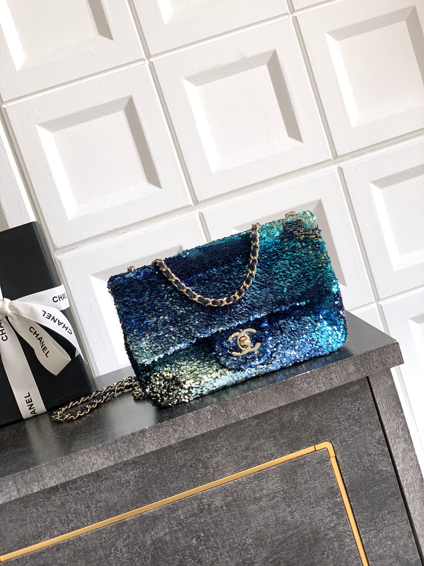 Chanel Shaded Sequins Mini Flap Light Green Dark Brown White Blue