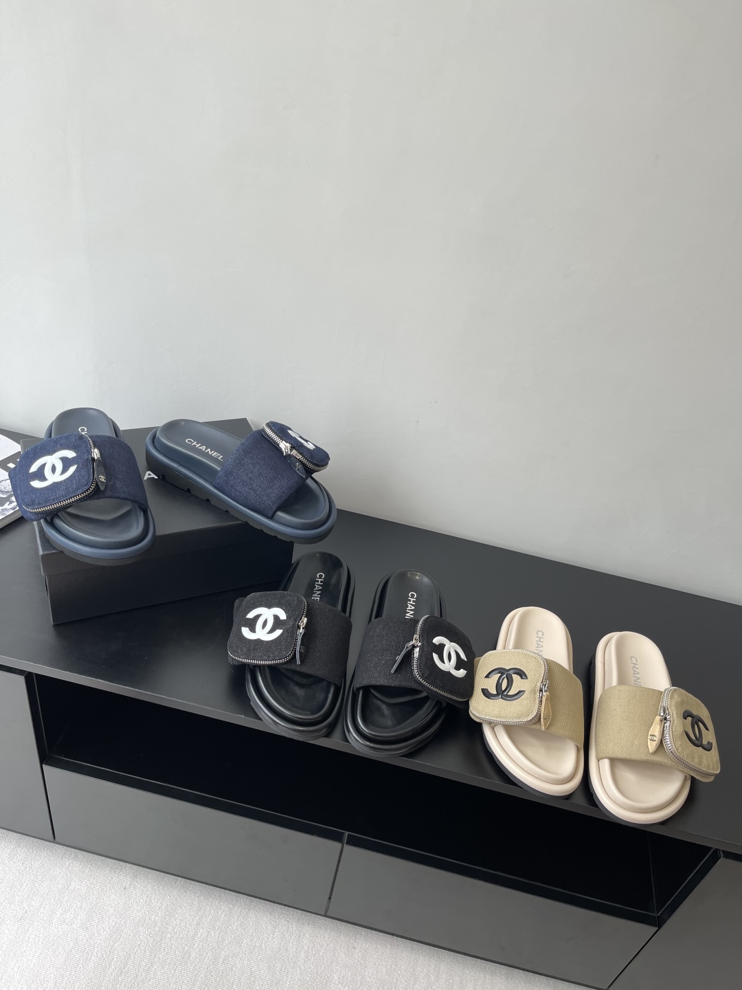 CHANEL Summer Denim Velcro Puffy Slides