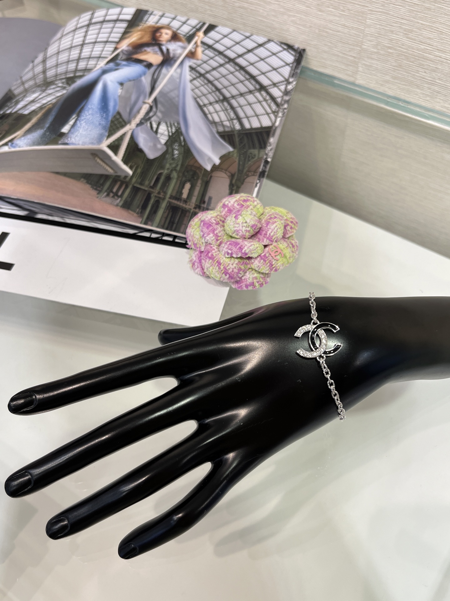 Chanel Black Enamel & Rhinestone Double C Bracelet