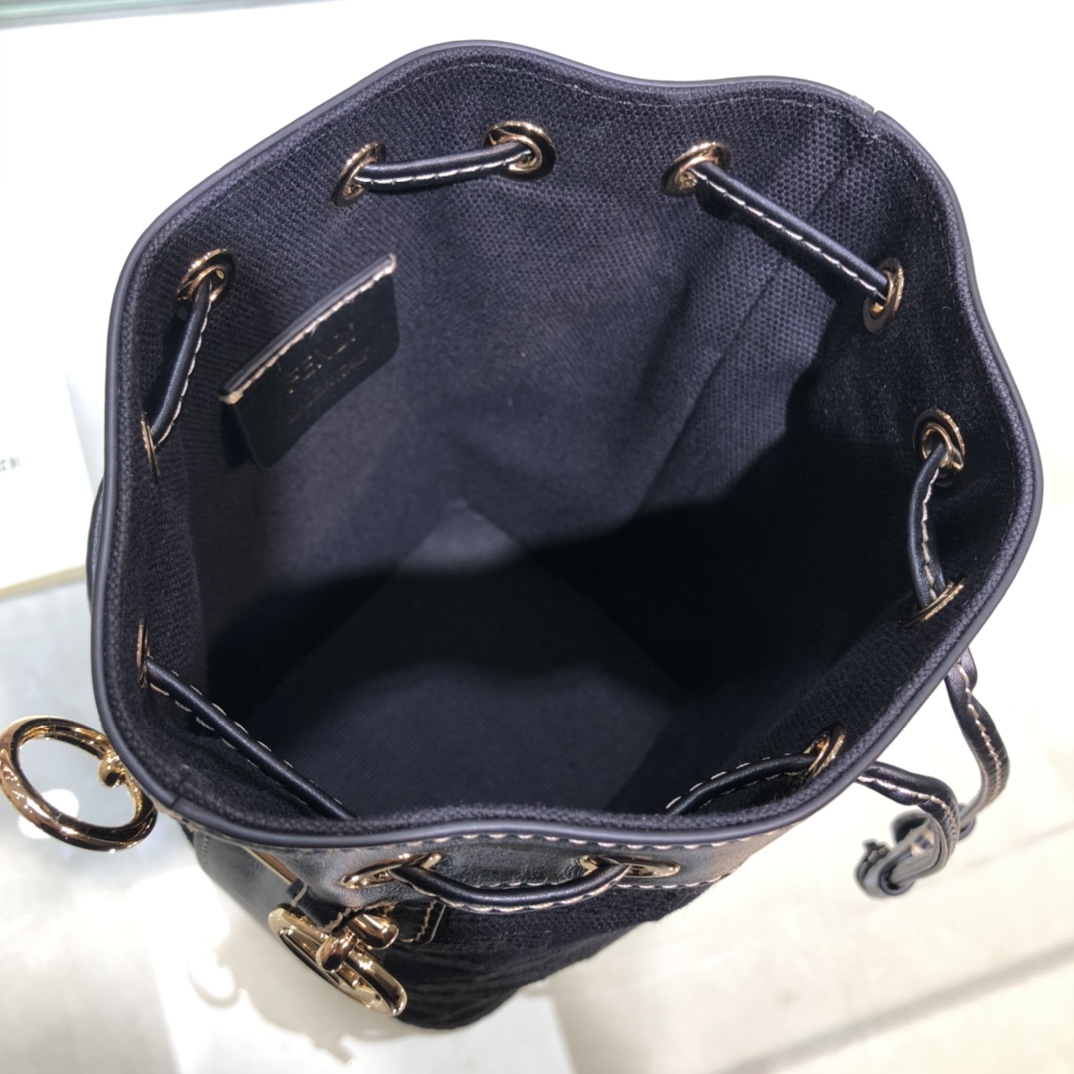 FENDI-Black Denim FF Logo Embroidered Bucket Bag