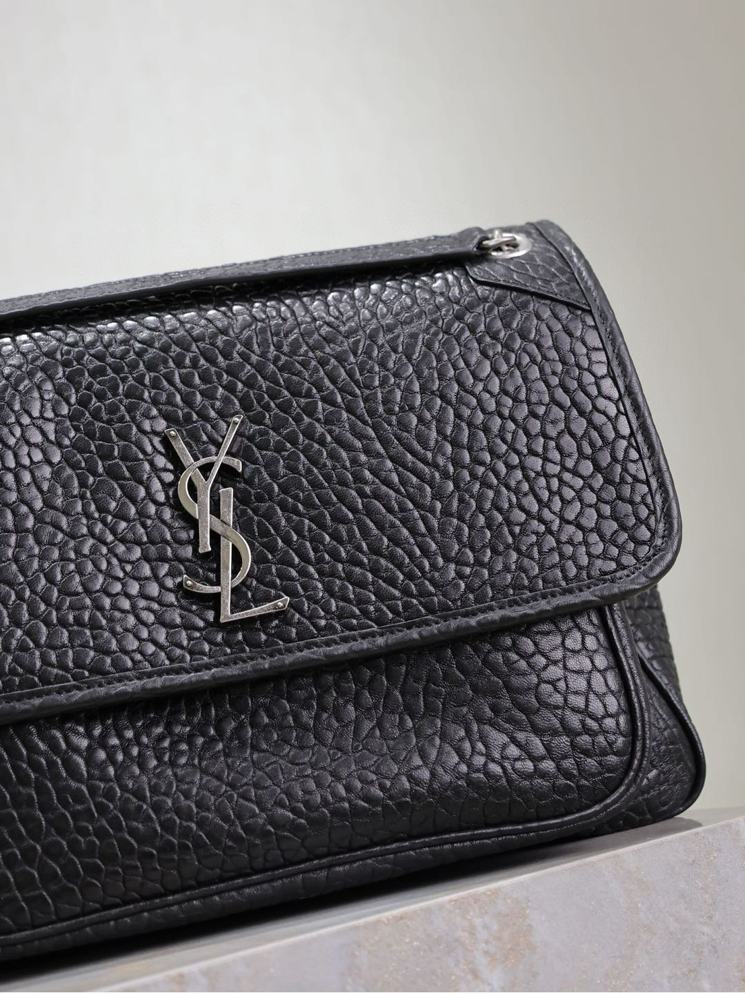 Saint Laurent Large Black Elephant-Grain Niki Bag