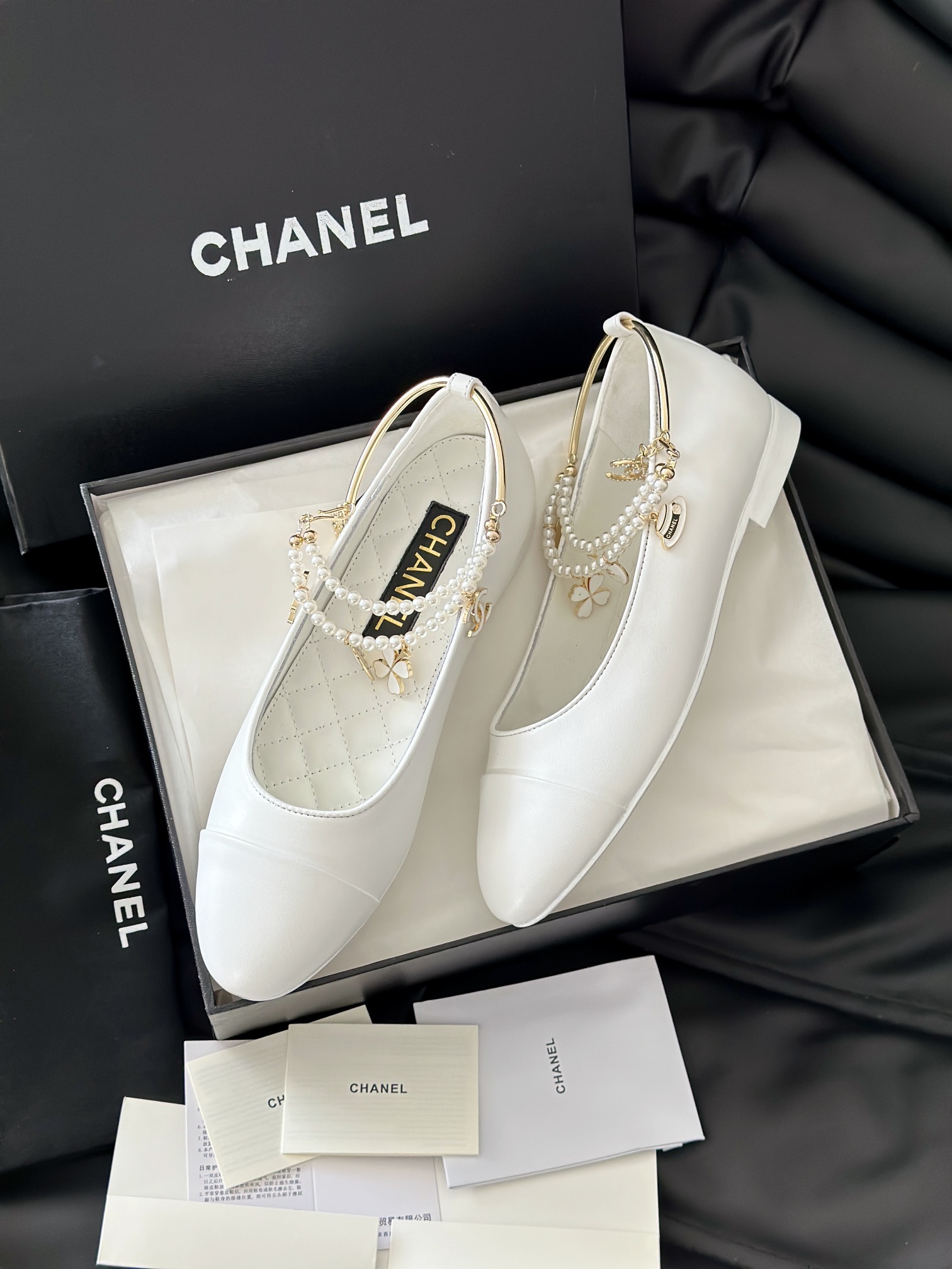 Chanel Leather Flat Black 'Pearl Embellished'