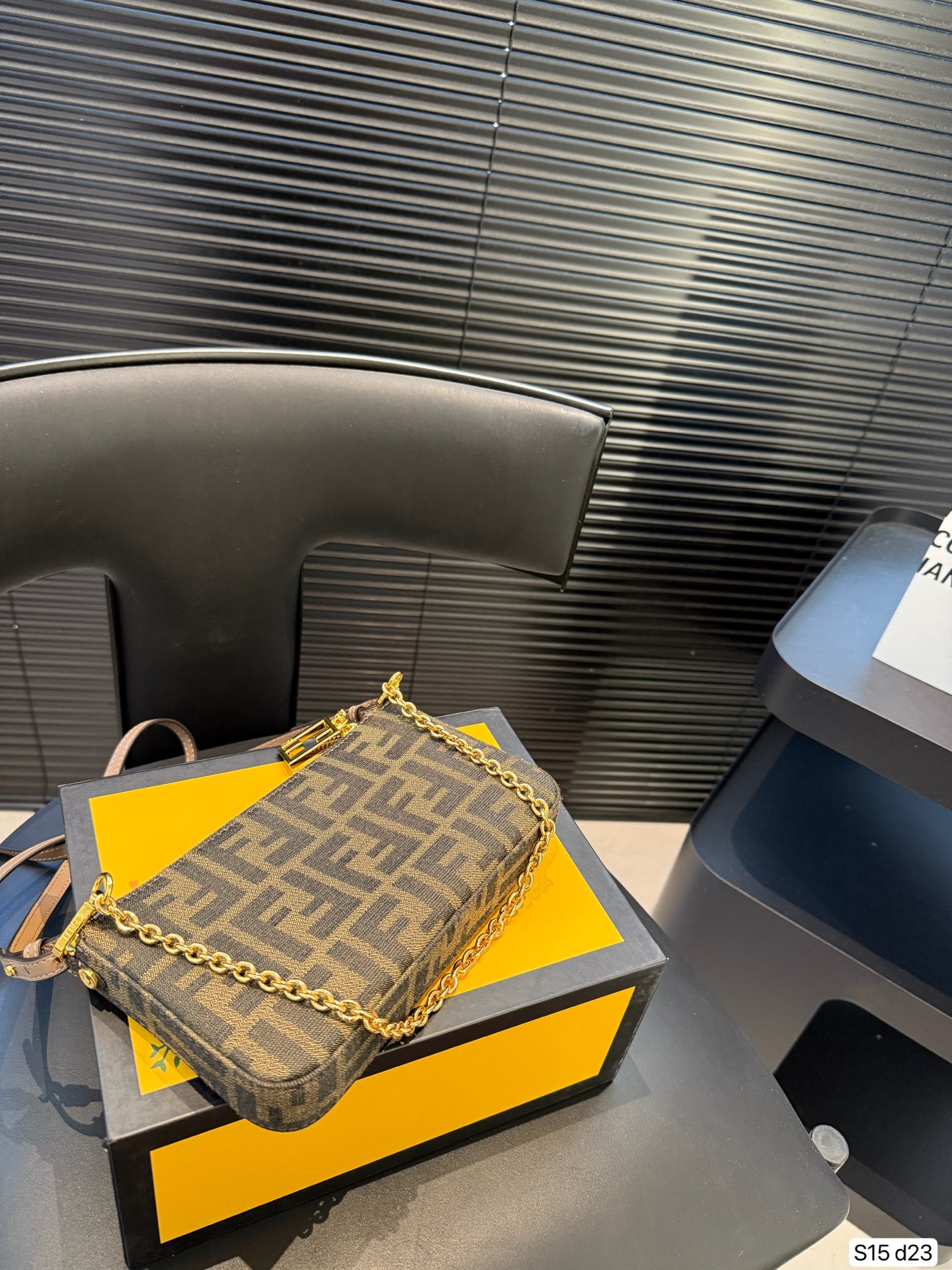 Fendi Baguette Pouch Brown jacquard FF fabric clutch with chain