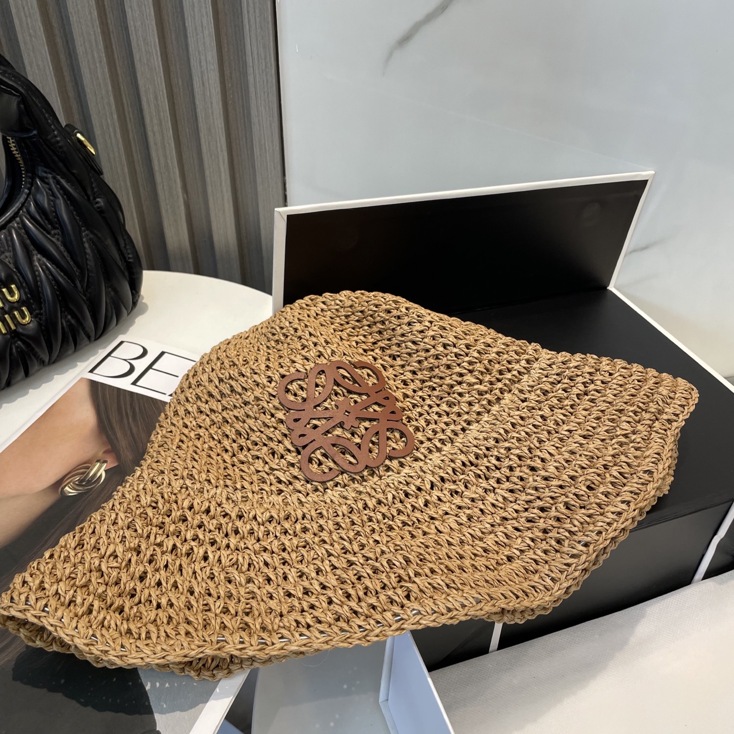 Loewe Crochet Raffia Hat in Tan