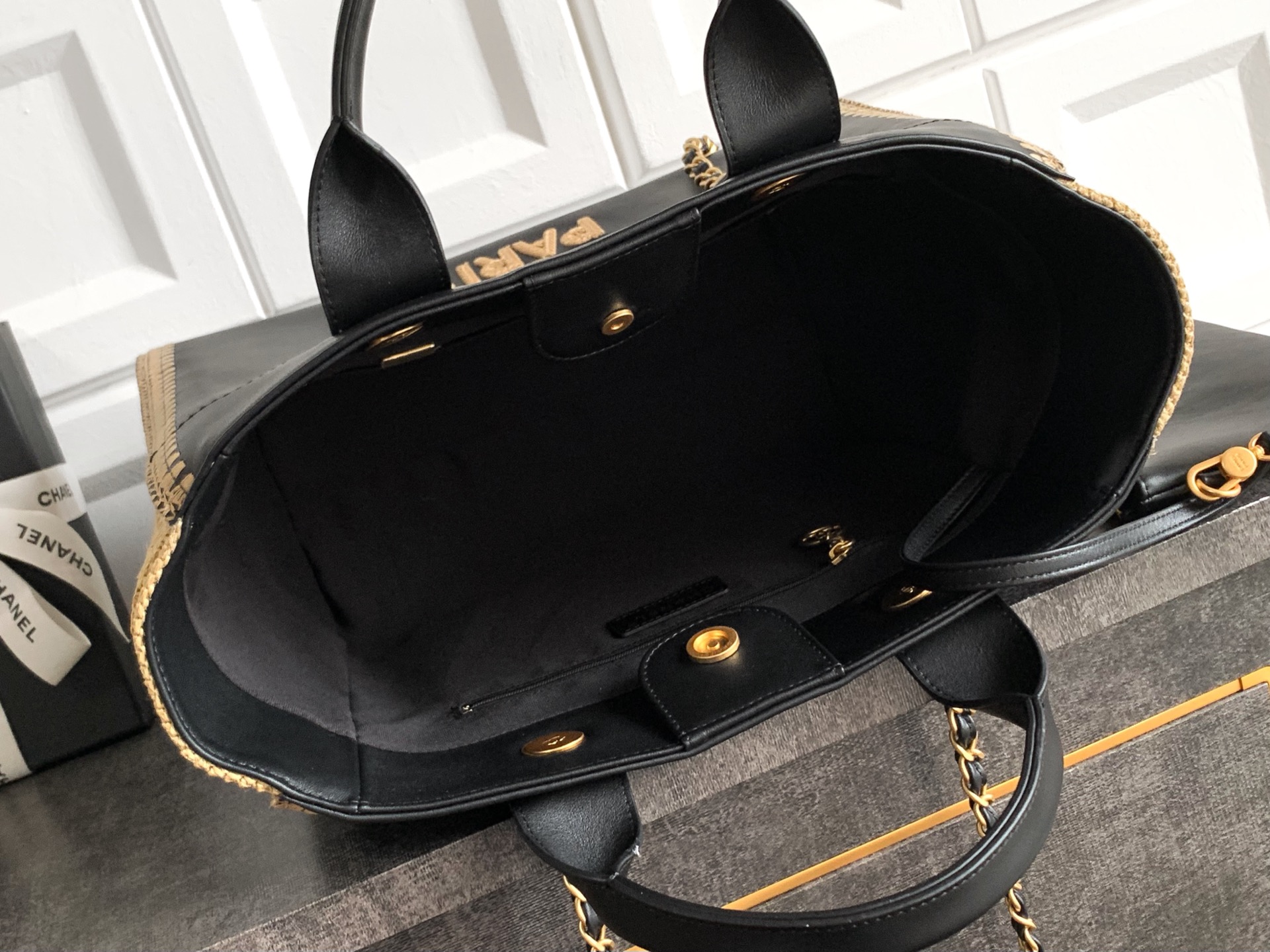 Chanel Calfskin Knit Medium Deauville Tote Black Grey