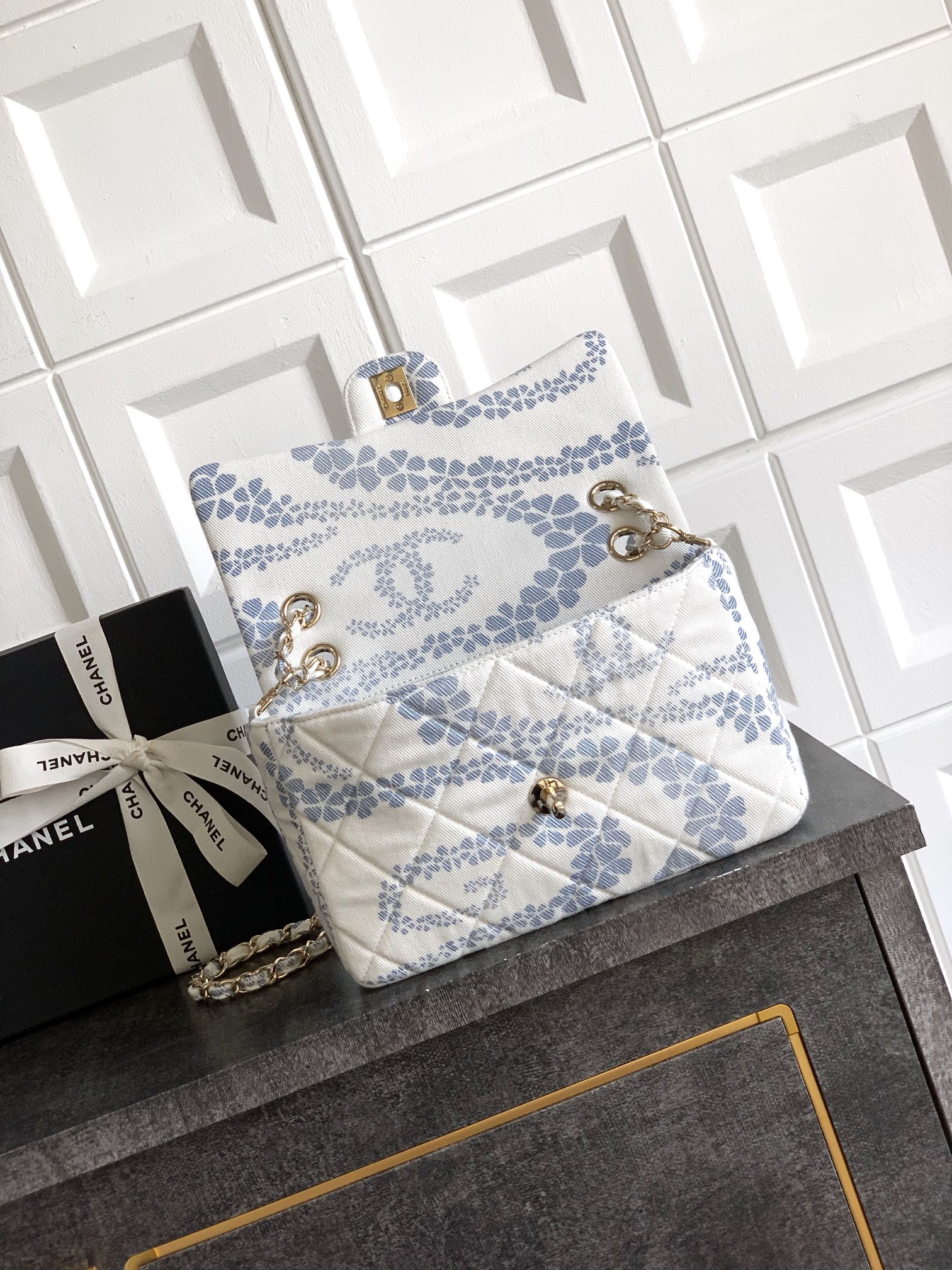 Chanel Flap Bag Printed Denim & Gold-Tone Metal White & Blue