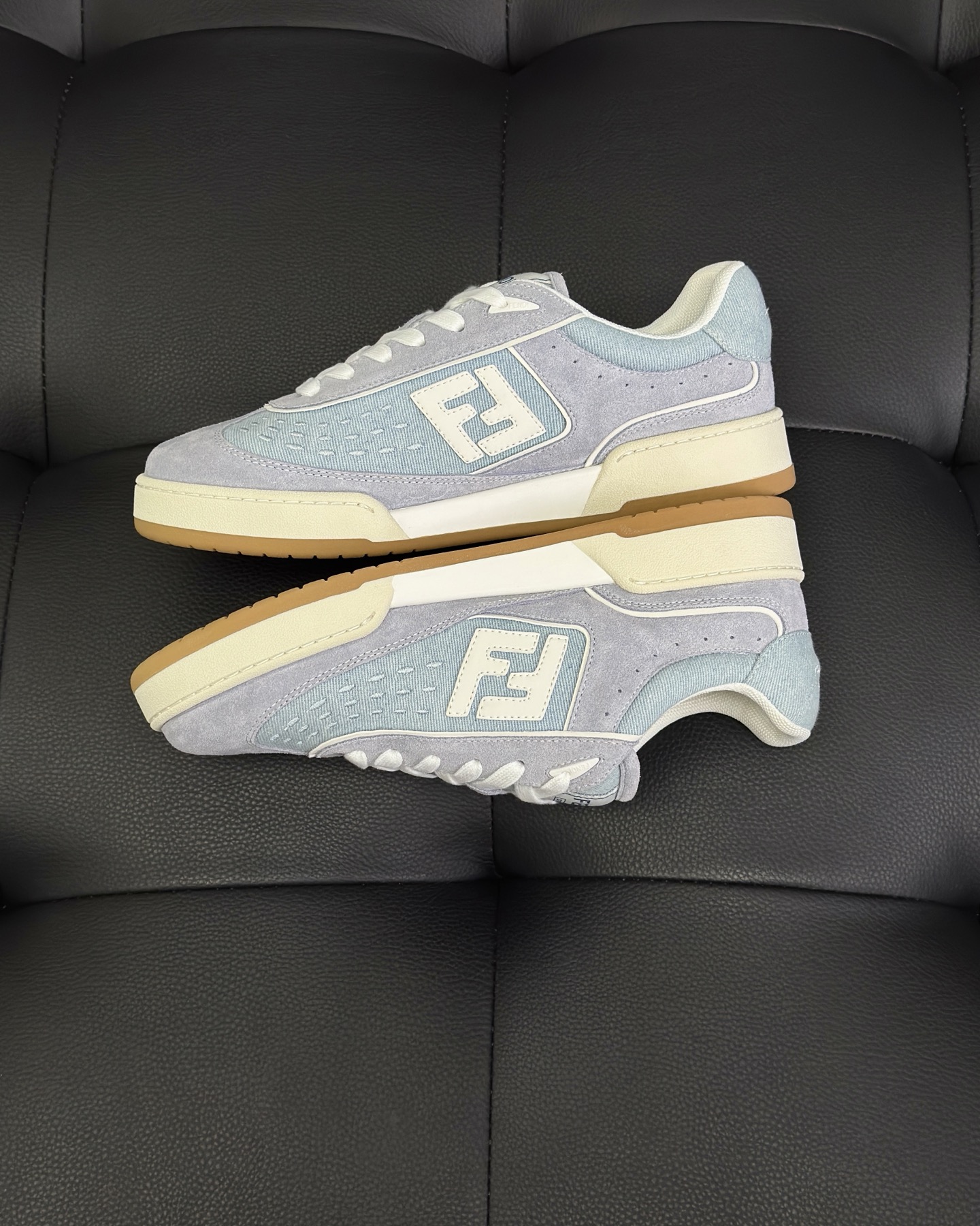 Fendi Match Light blue denim fabric and suede low tops