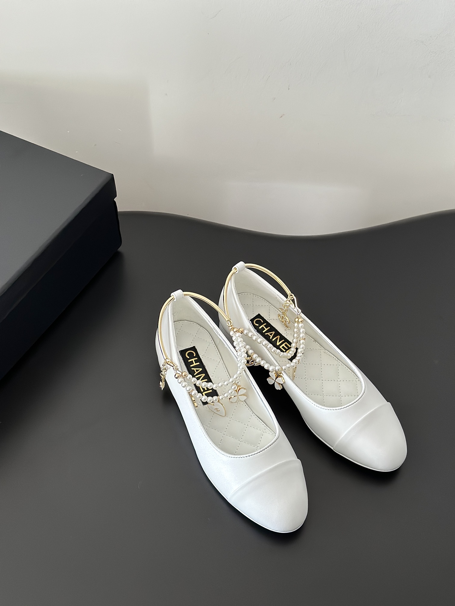 Chanel Leather Flat Black 'Pearl Embellished'